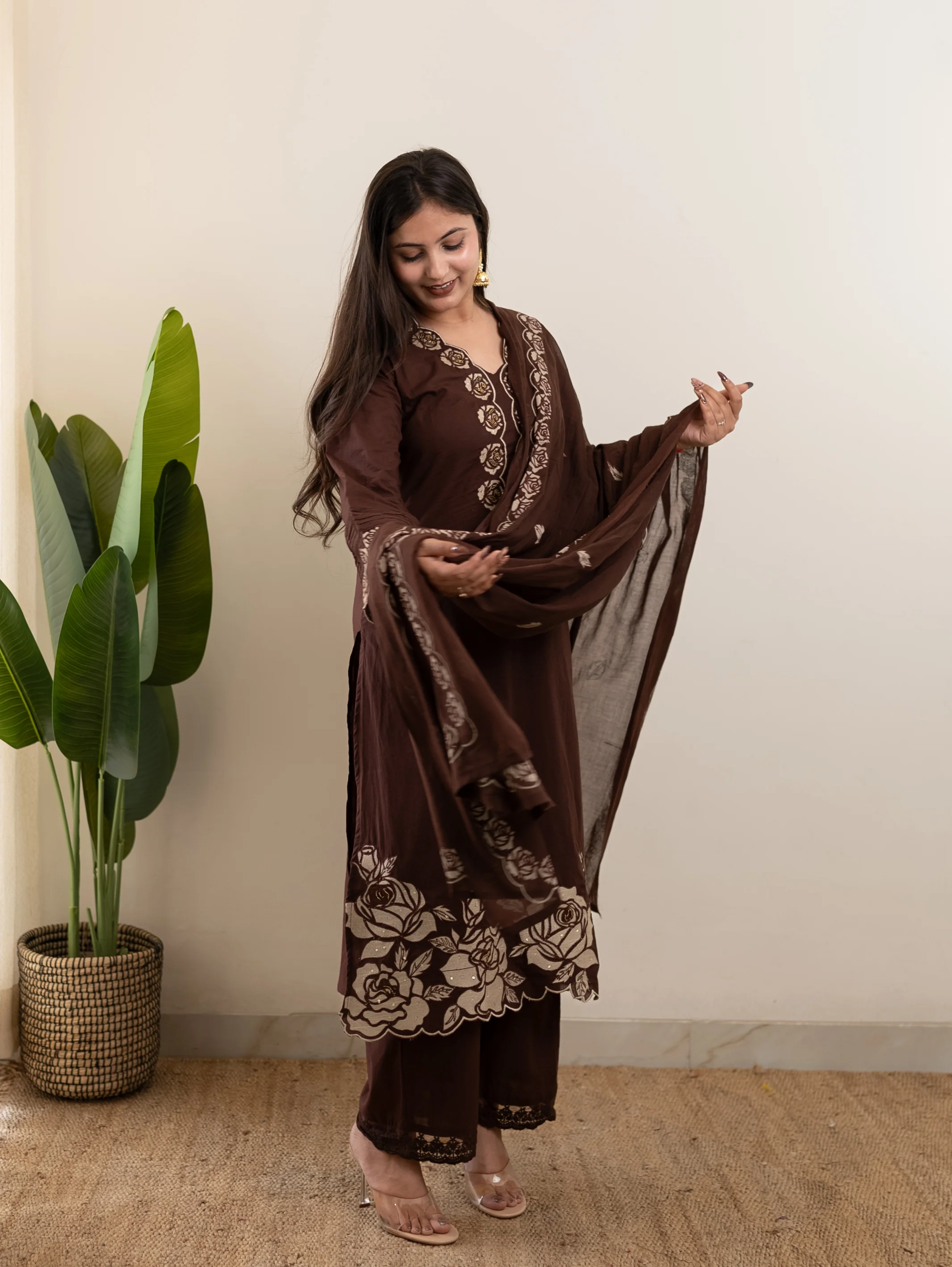 Sejal Brown Cotton Cutwork Applique HandEmbroidered Pant set - Image 2