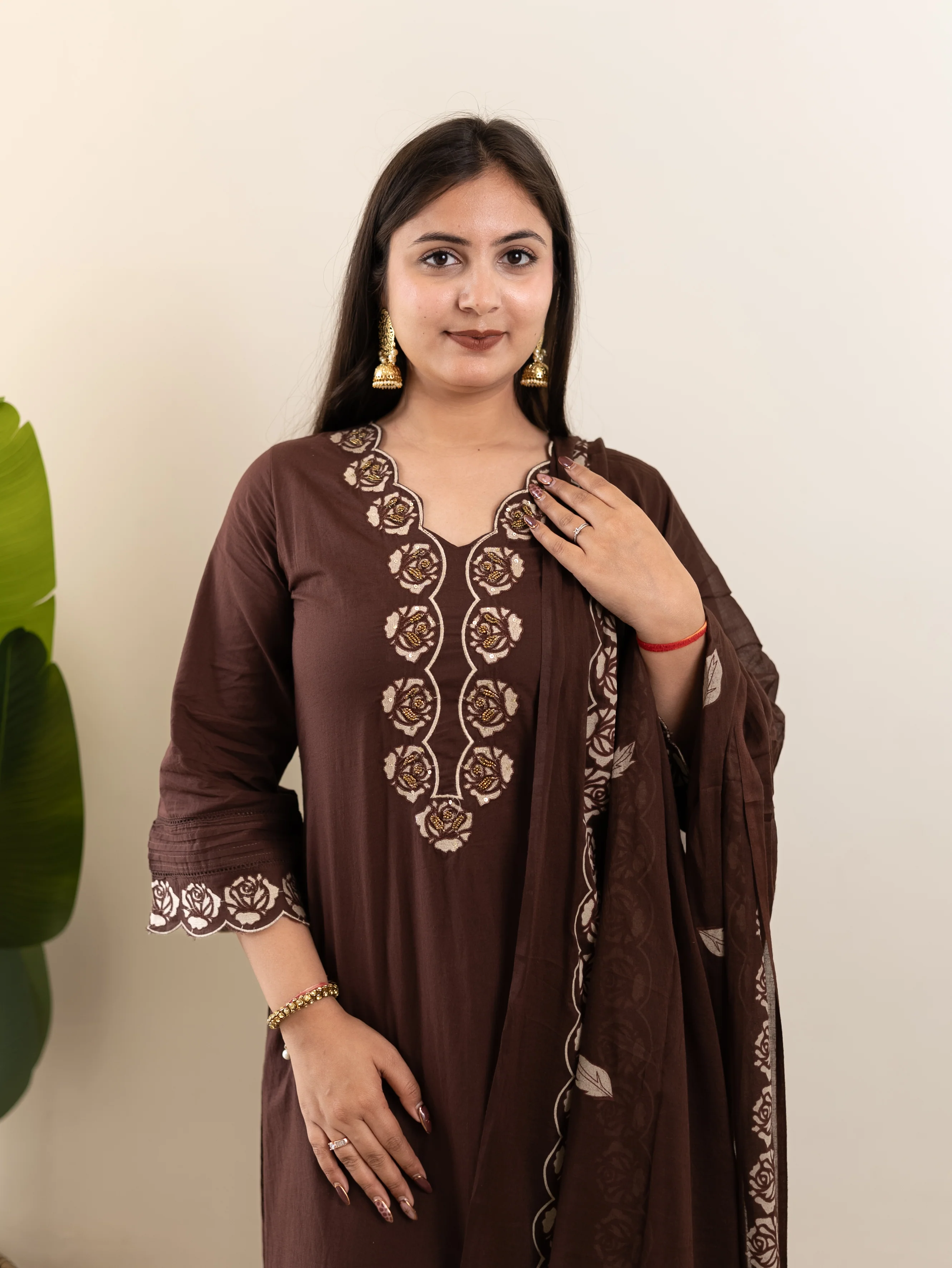Sejal Brown Cotton Cutwork Applique HandEmbroidered Pant set - Image 8
