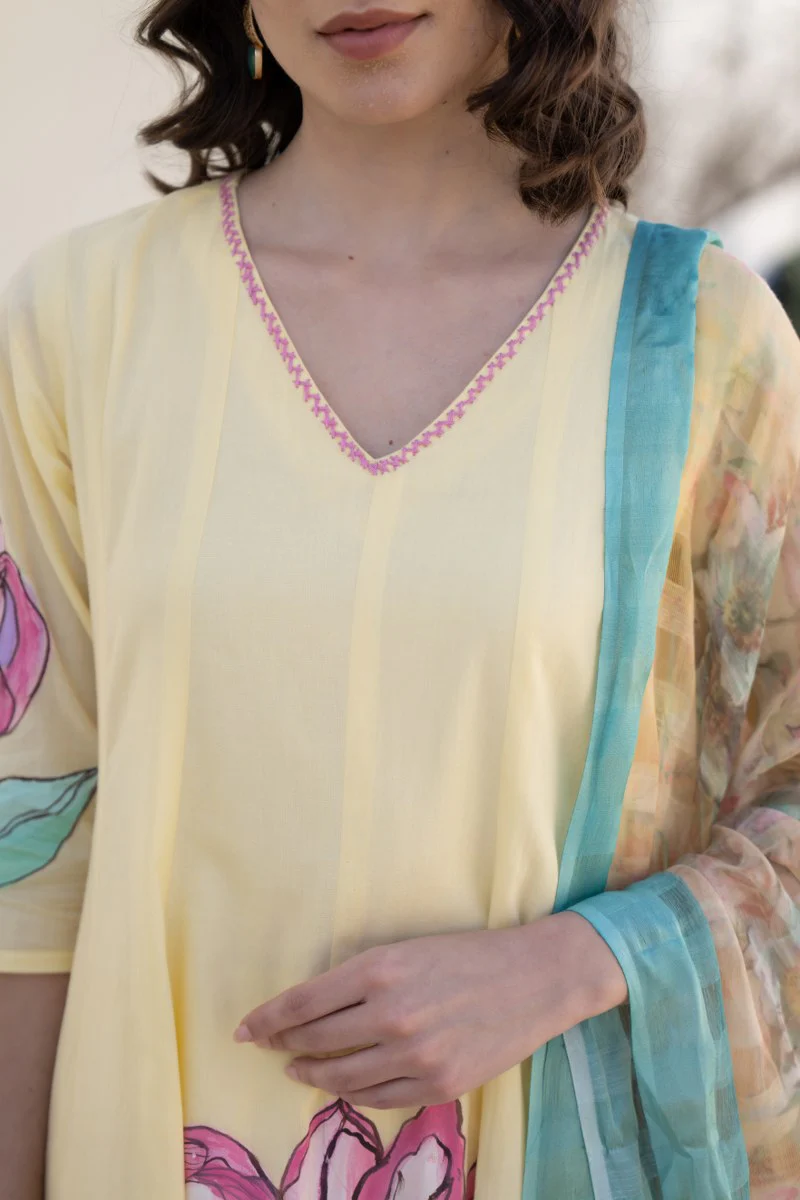 Shefali Mul Cotton HandBrush Painted Anarkali Set - Image 5