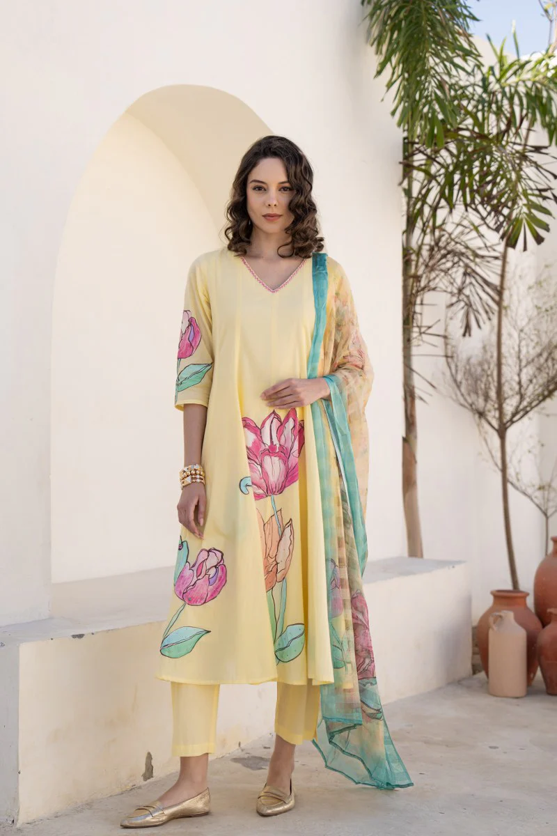 Shefali Mul Cotton HandBrush Painted Anarkali Set - Image 6
