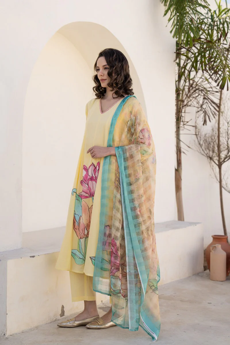 Shefali Mul Cotton HandBrush Painted Anarkali Set - Image 7