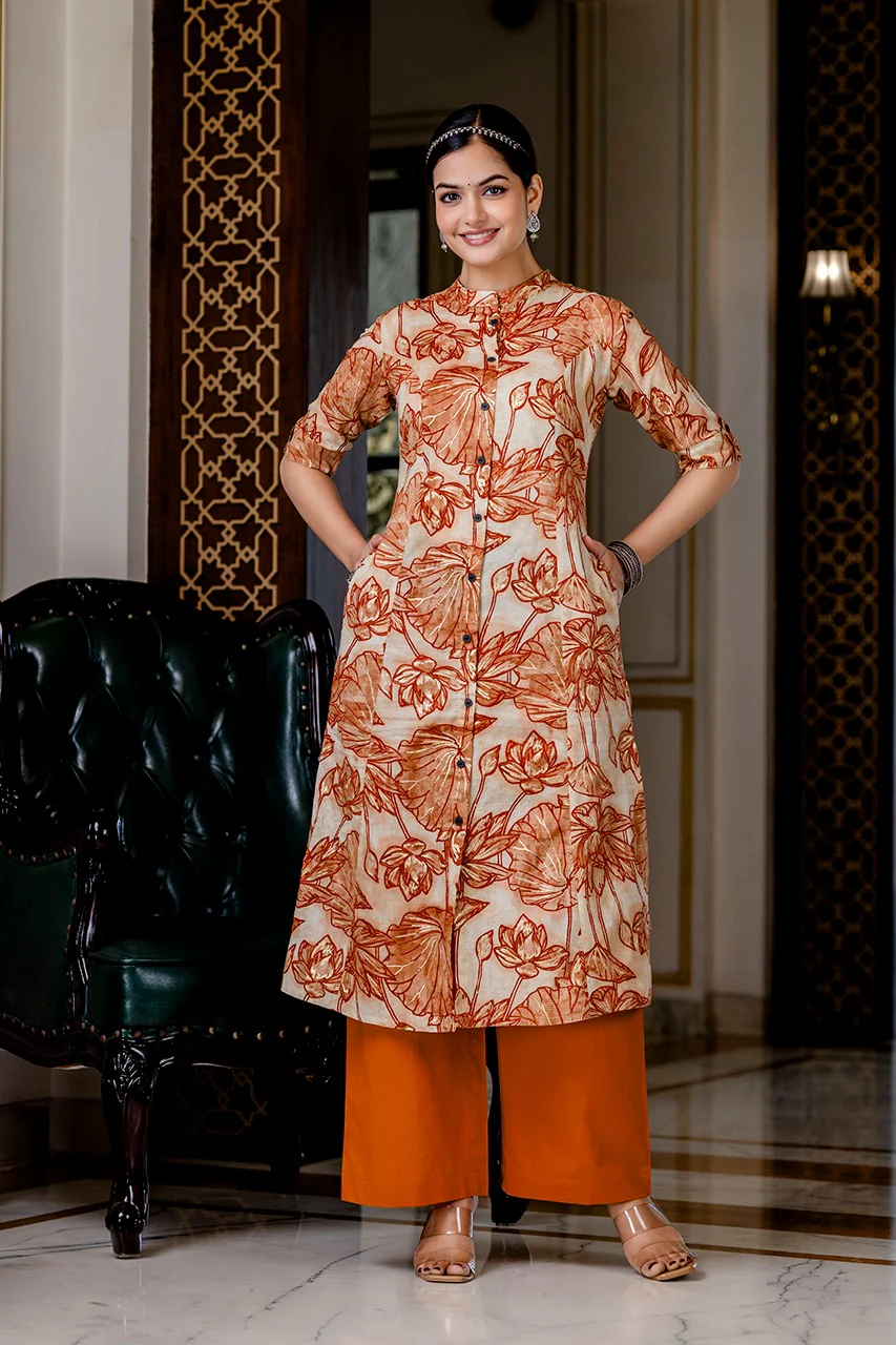 Shnaya Rust Floral Cotton A-line Coord Set - Image 2