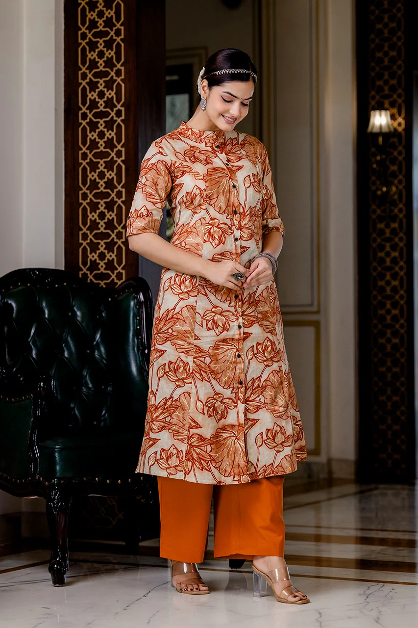 Shnaya Rust Floral Cotton A-line Coord Set - Image 4