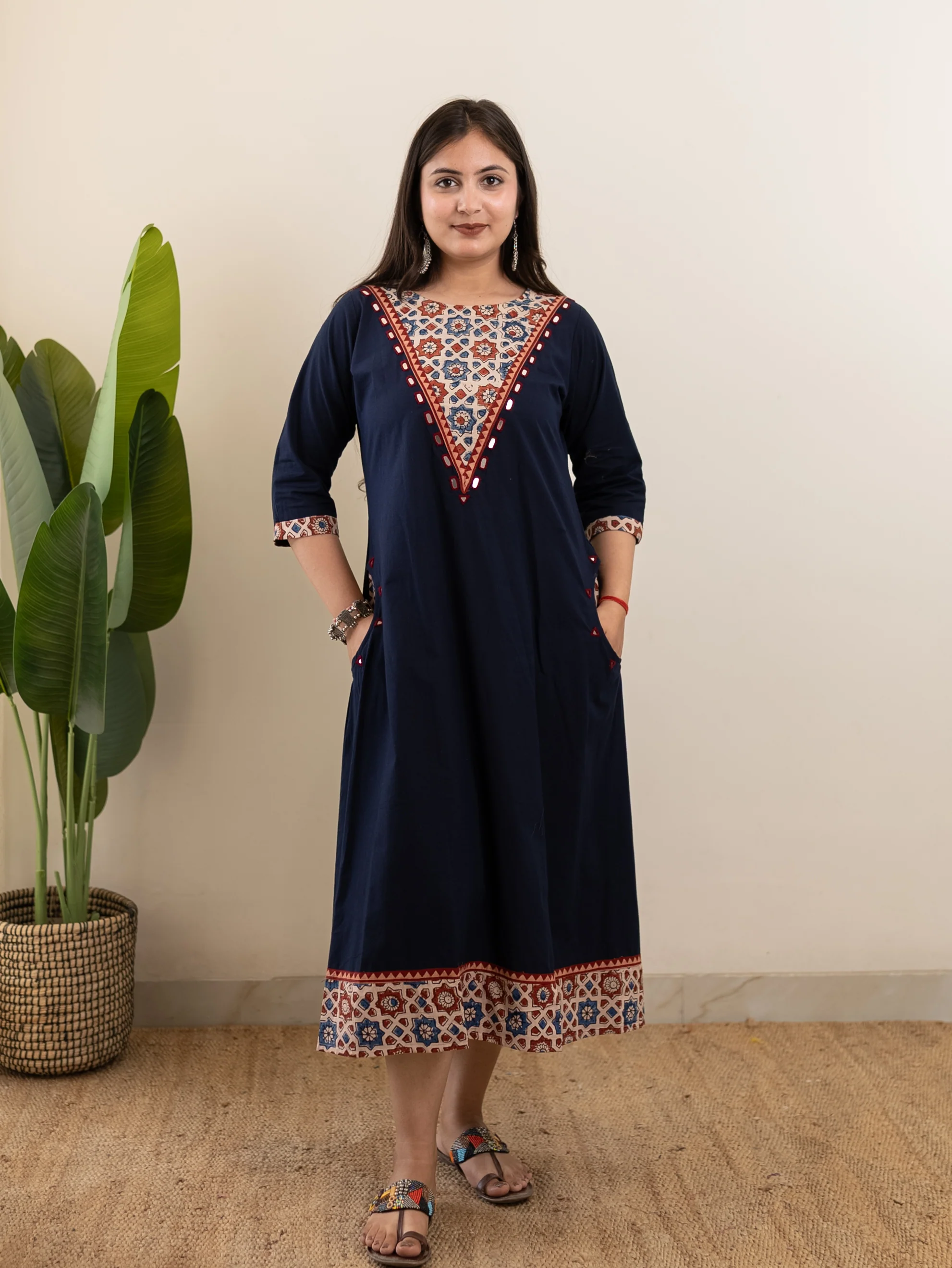 Sifra Blue Cotton Ajrakh Embroidered A-line Kurta