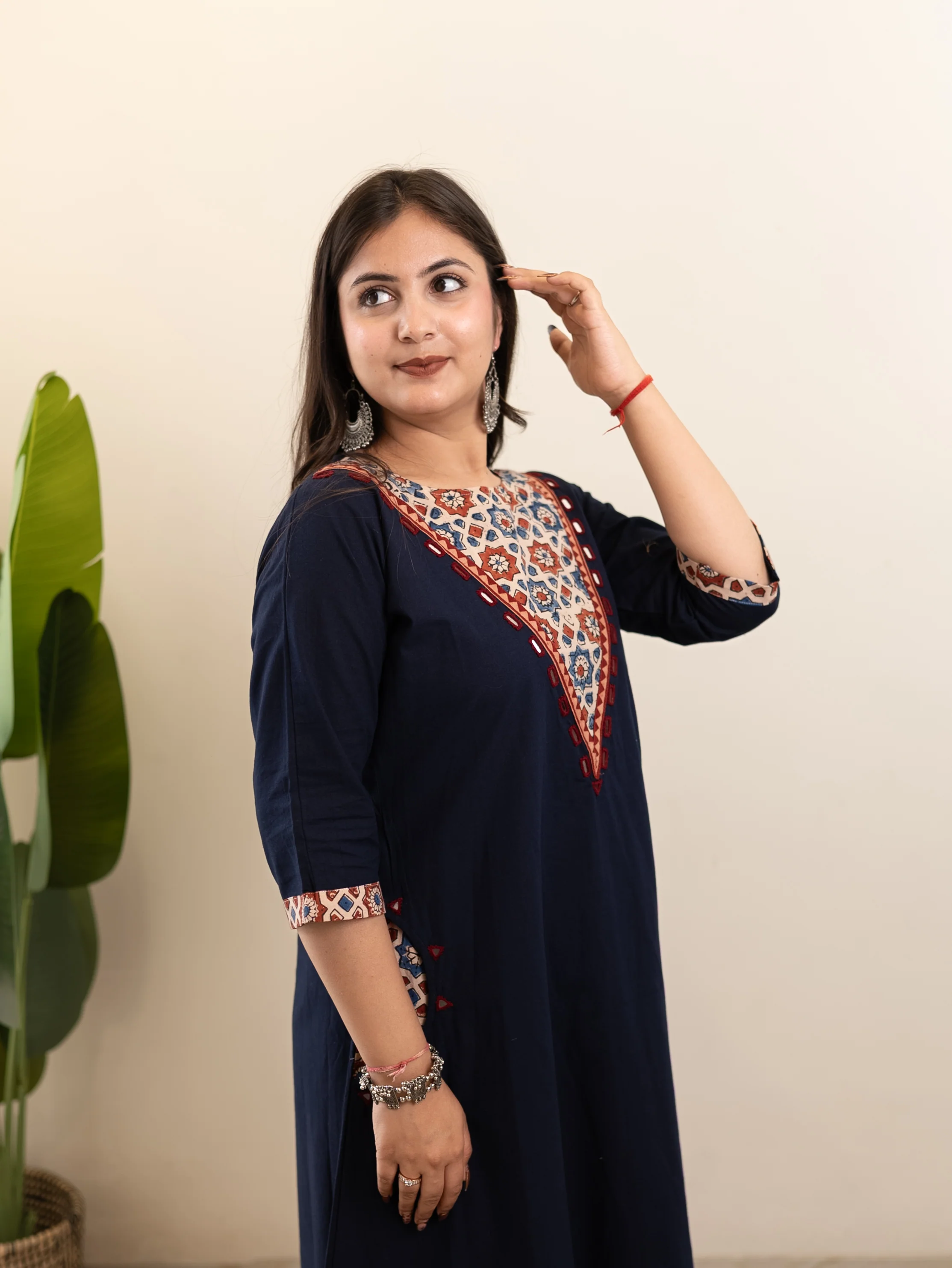 Sifra Blue Cotton Ajrakh Embroidered A-line Kurta - Image 3