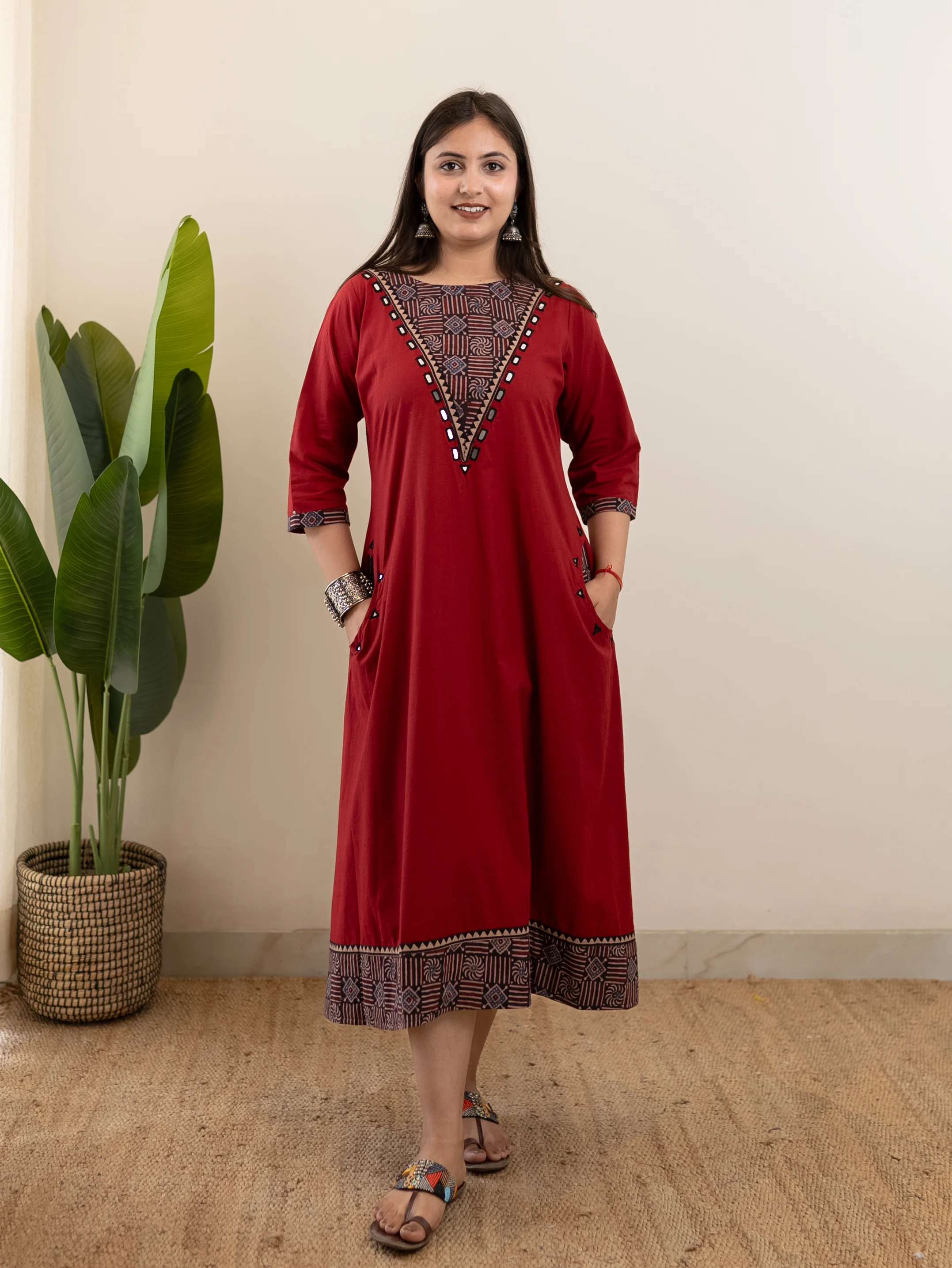 Sifra Red Cotton Ajrakh Embroidered A-line Kurta