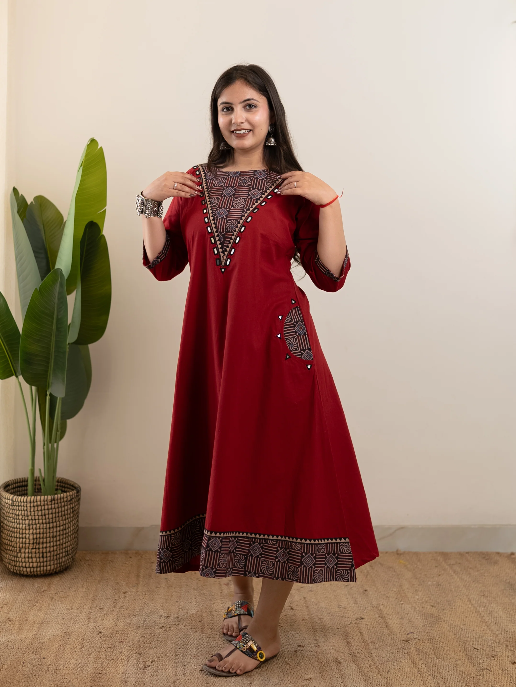 Sifra Red Cotton Ajrakh Embroidered A-line Kurta - Image 2