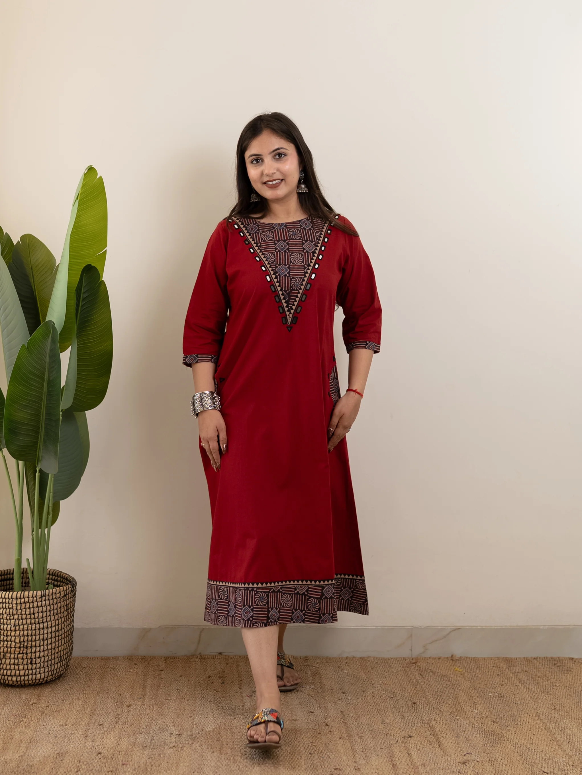 Sifra Red Cotton Ajrakh Embroidered A-line Kurta - Image 8