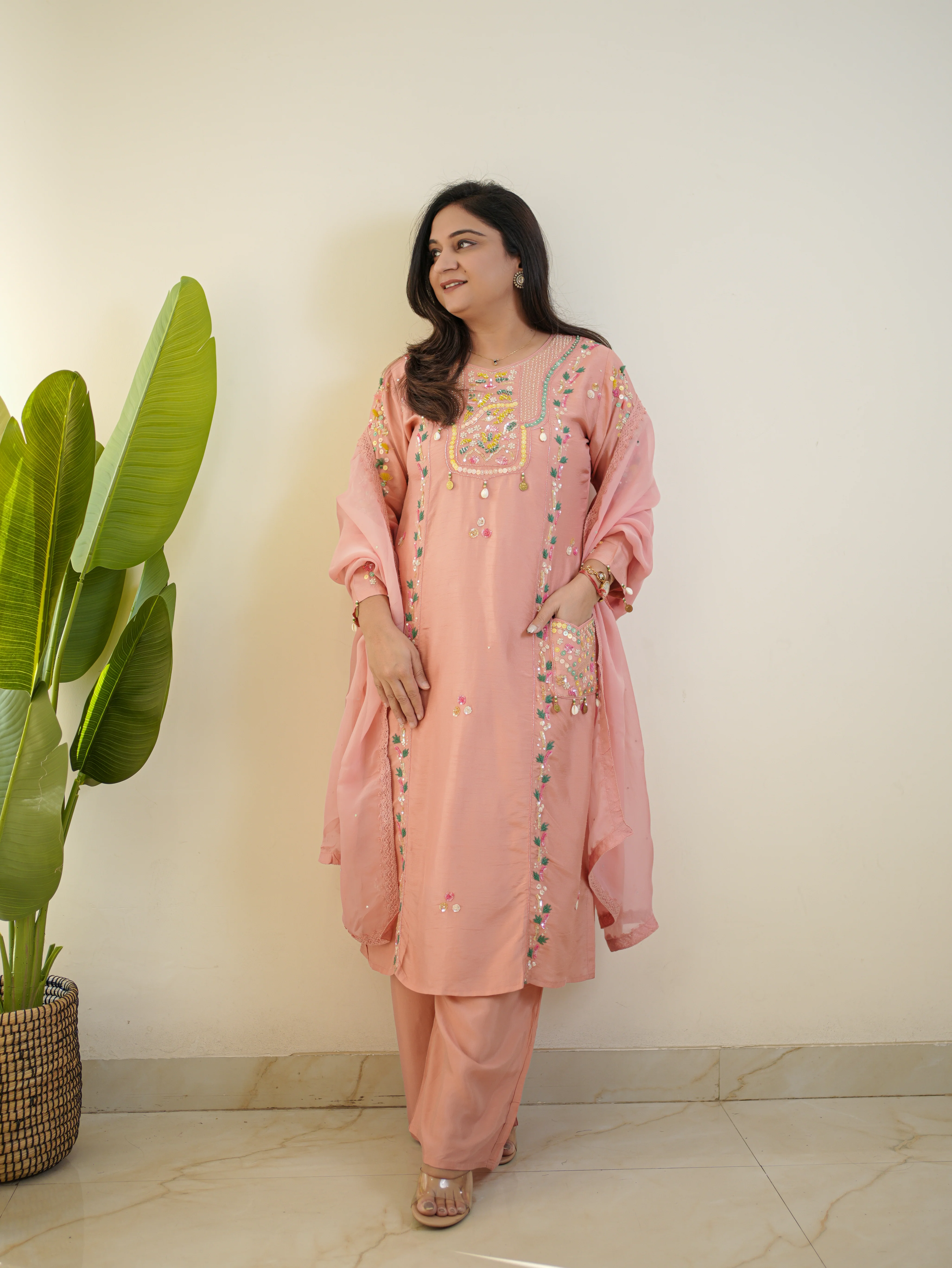 Sia Pink Silk Festive HandEmbroidered Pant Set - Image 3