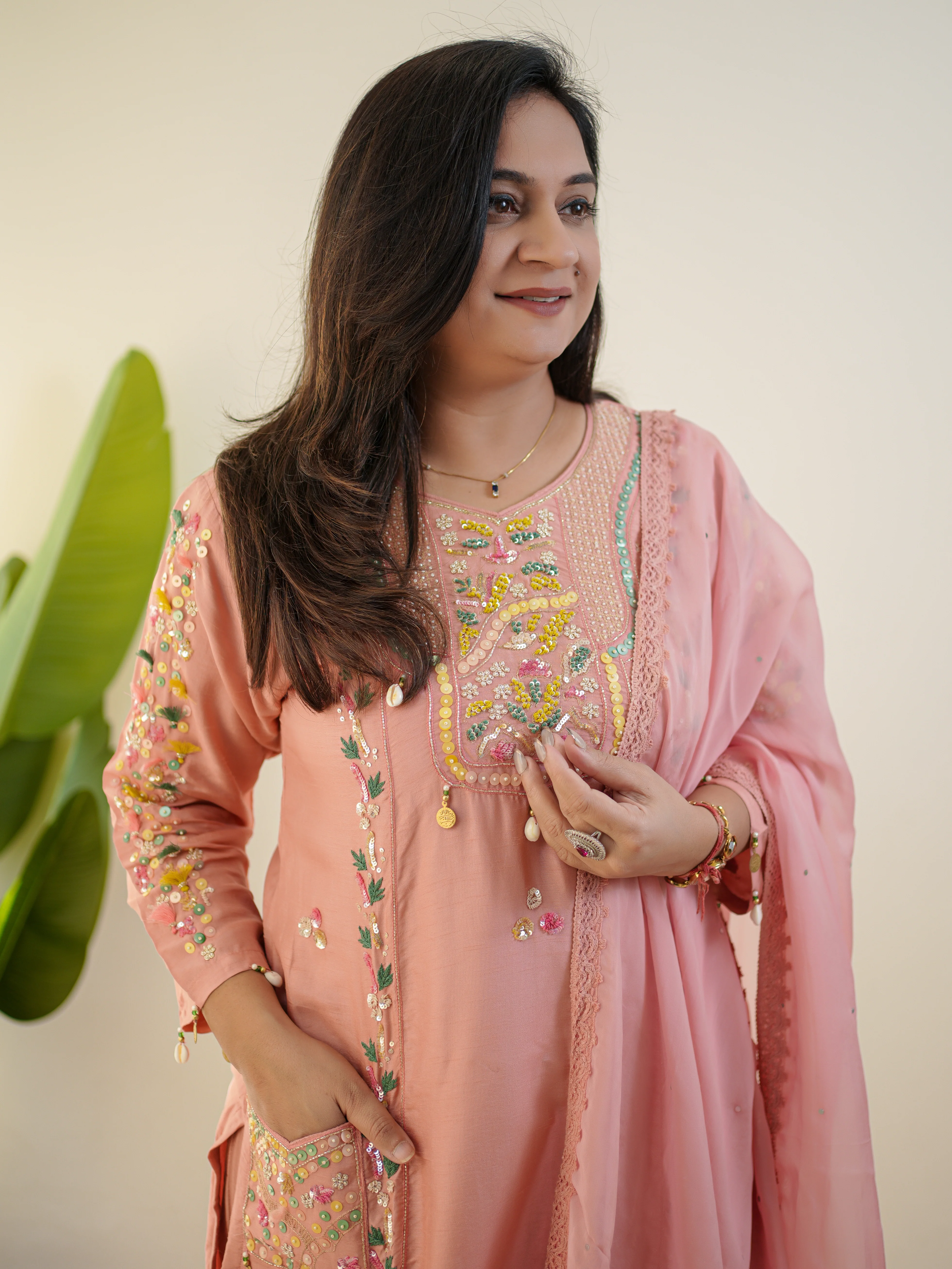 Sia Pink Silk Festive HandEmbroidered Pant Set - Image 5