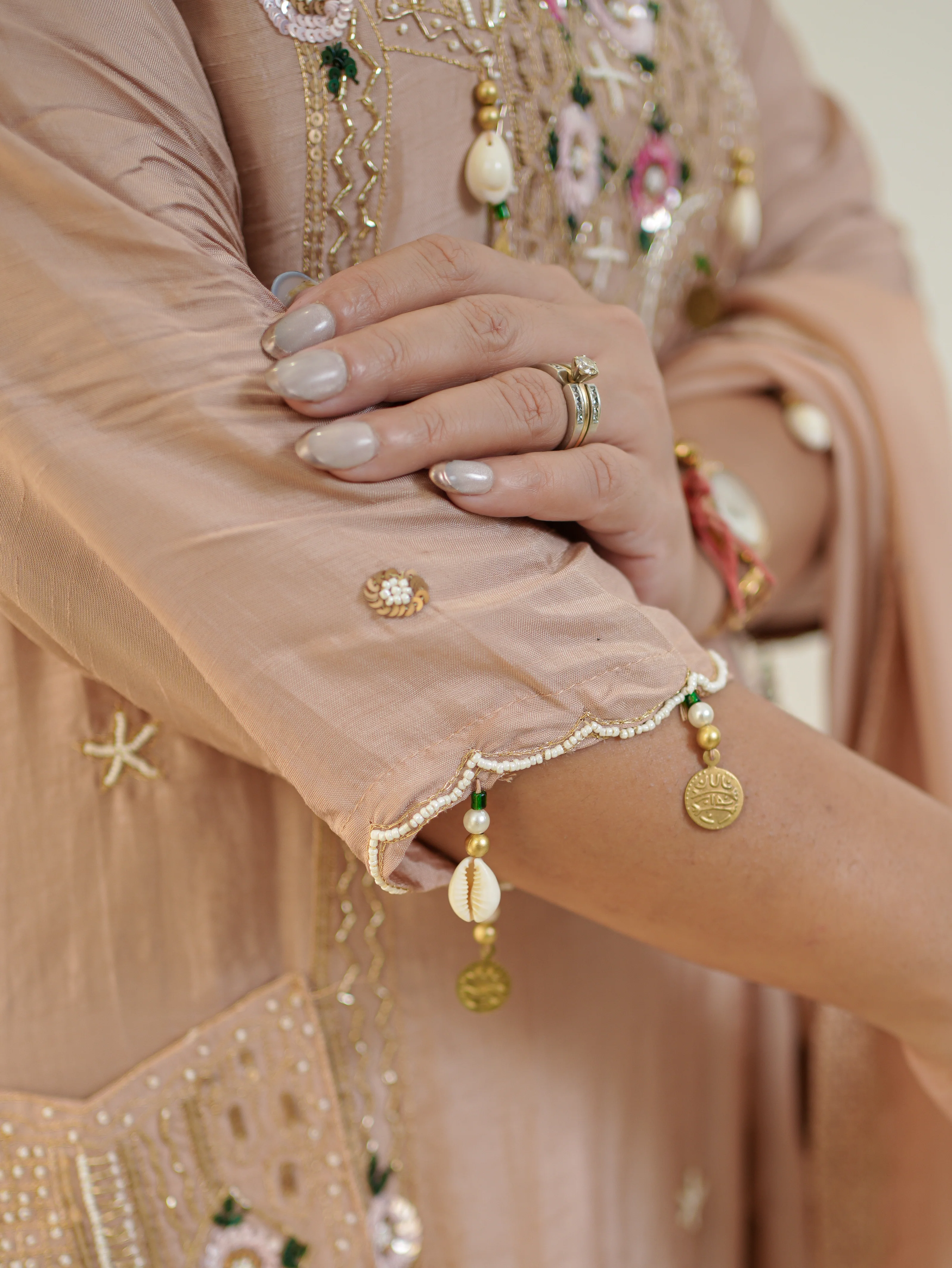 Sia Beige Silk Festive HandEmbroidered Pant Set - Image 6
