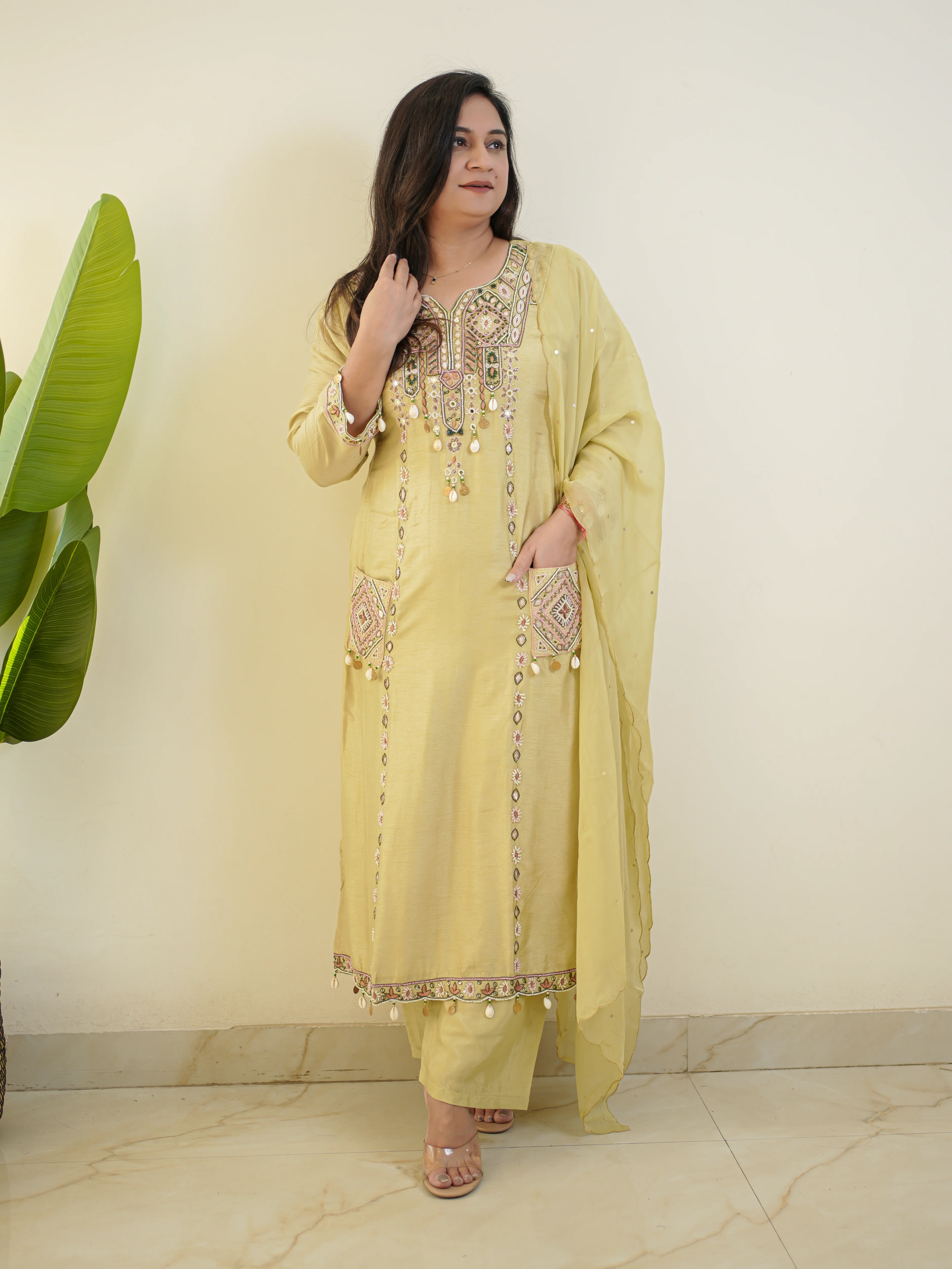 Sia Pistachio Green Silk Festive Hand Embroidered Pant Set - Image 3