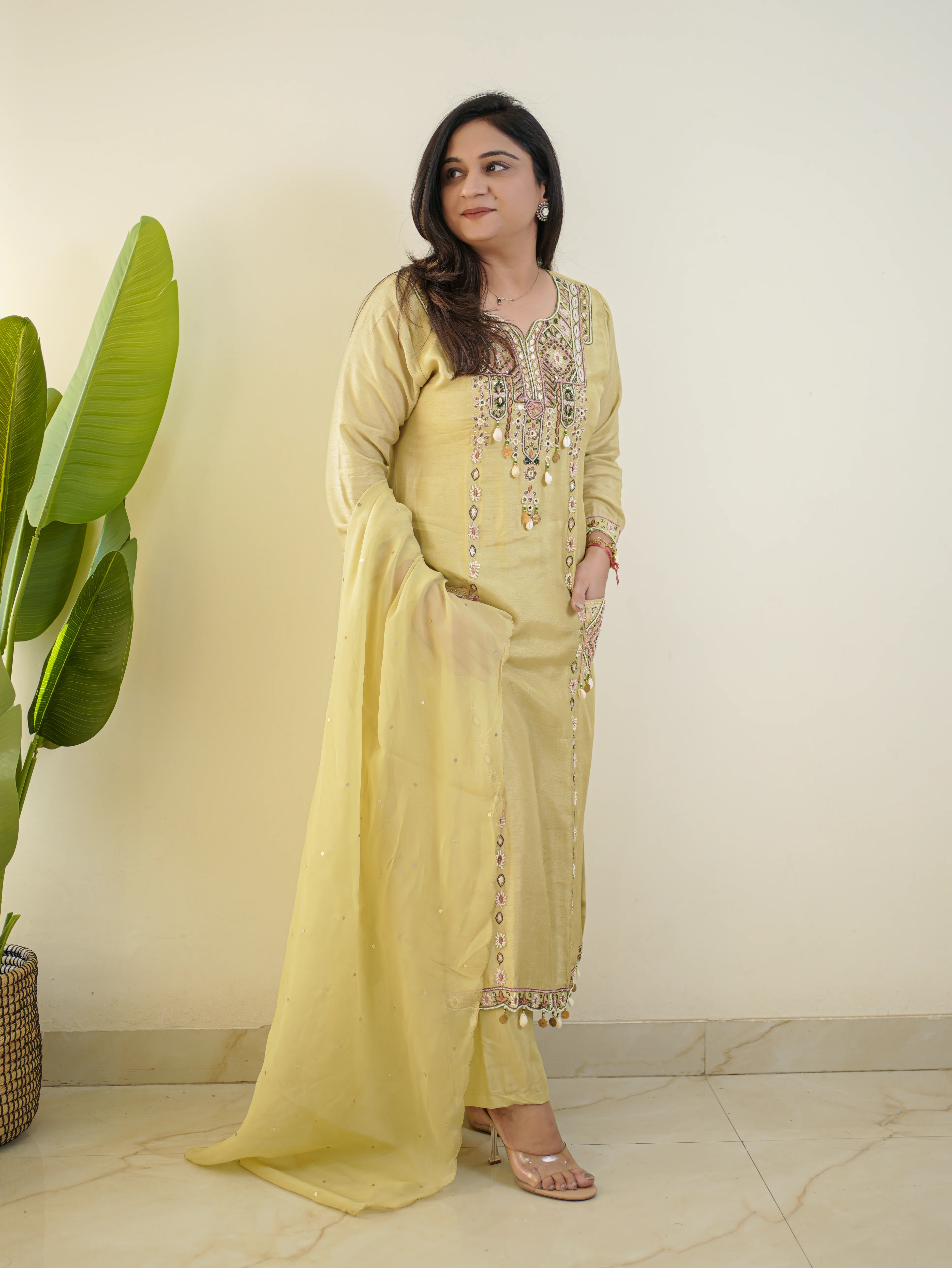 Sia Pistachio Green Silk Festive Hand Embroidered Pant Set - Image 4