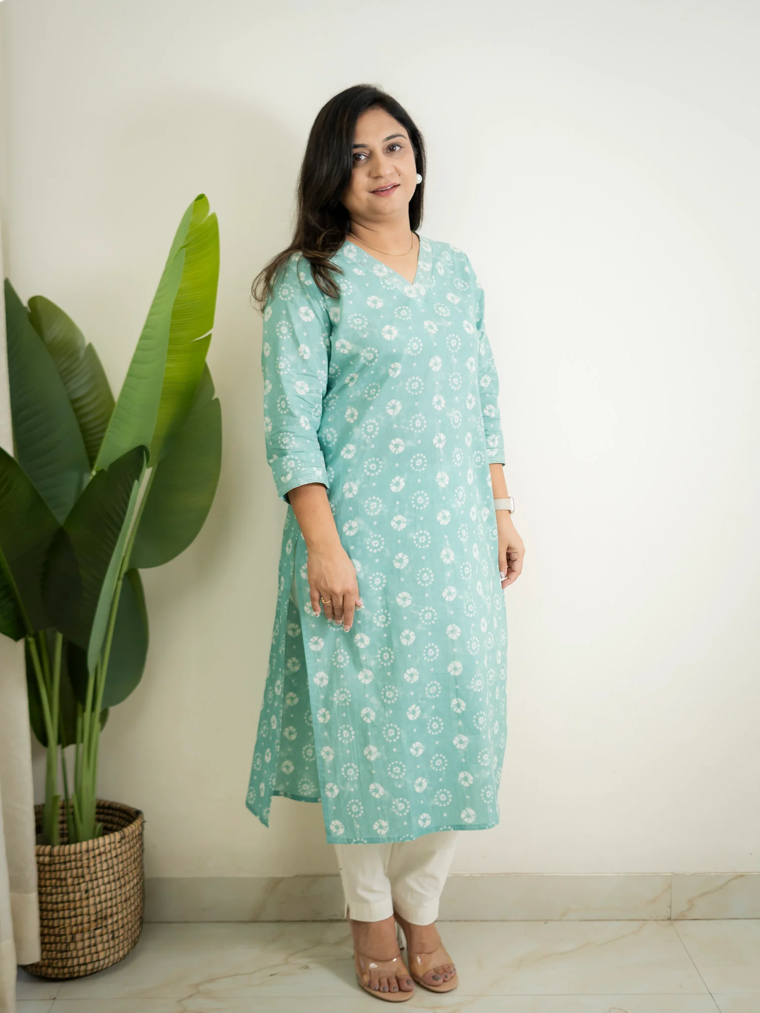 Sky Blue Floral Cotton Casual Straight Kurta - Image 3