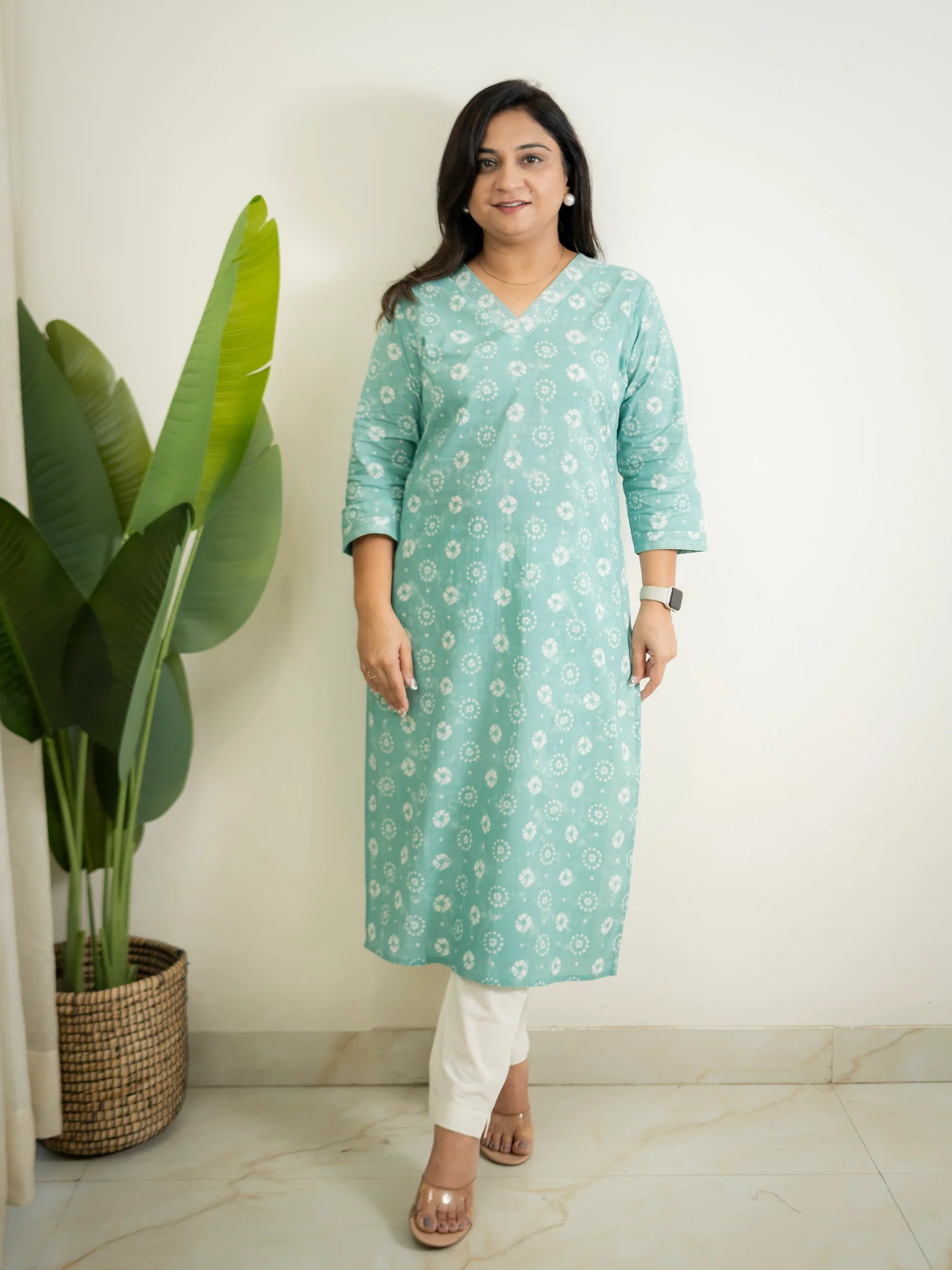 Sky Blue Floral Cotton Casual Straight Kurta - Image 4