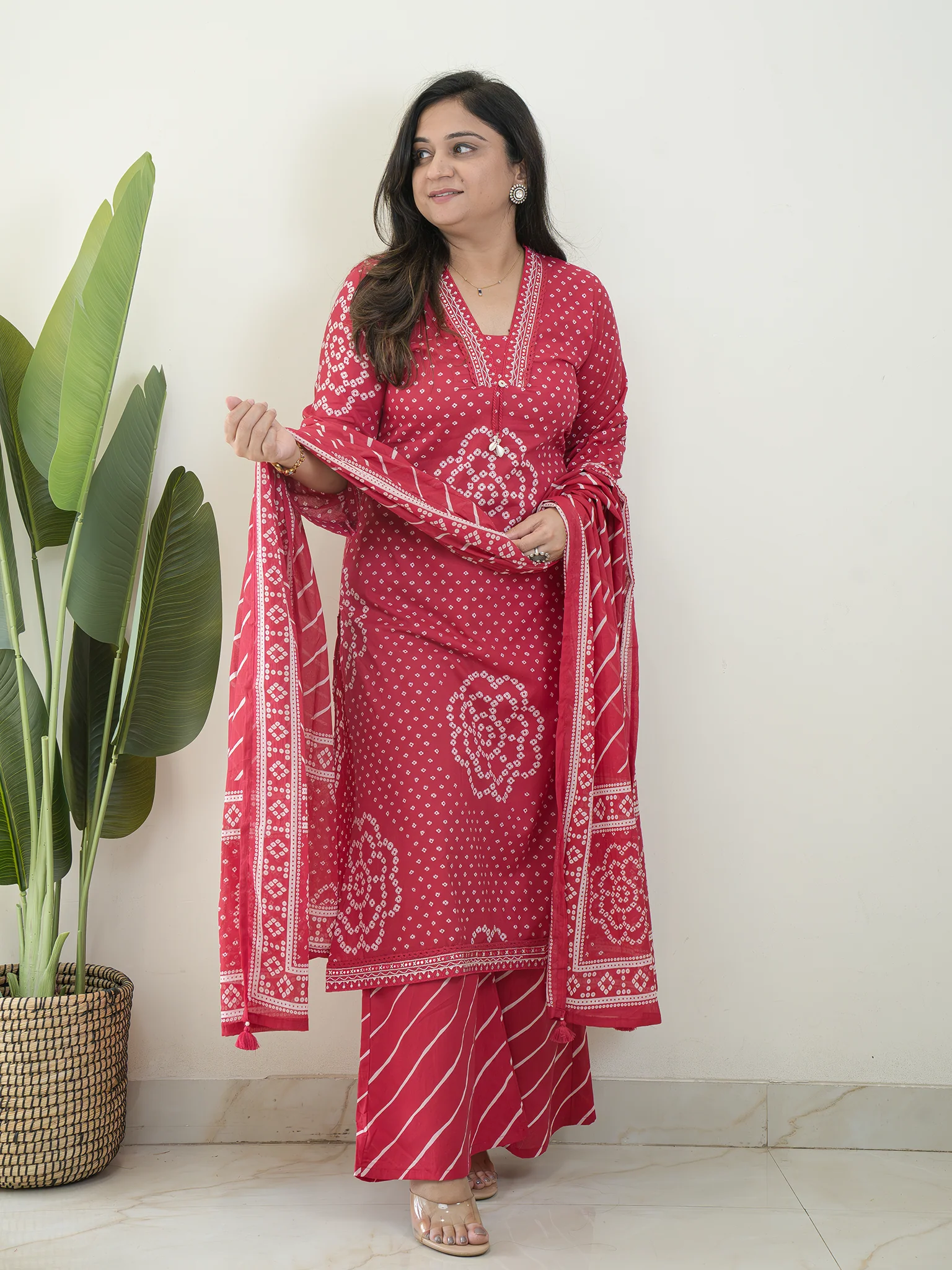 Srisha Pink Cotton Bandhani Leheriya Dupatta Set - Image 4