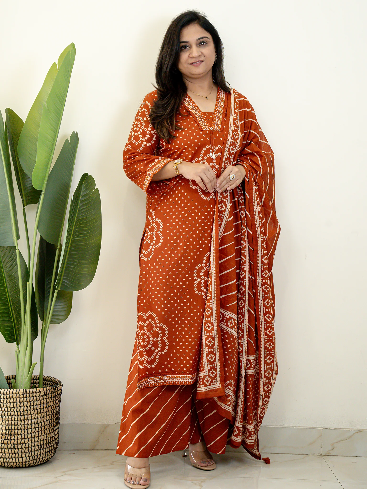 Srisha Rust Cotton Bandhani Leheriya Dupatta Set - Image 6