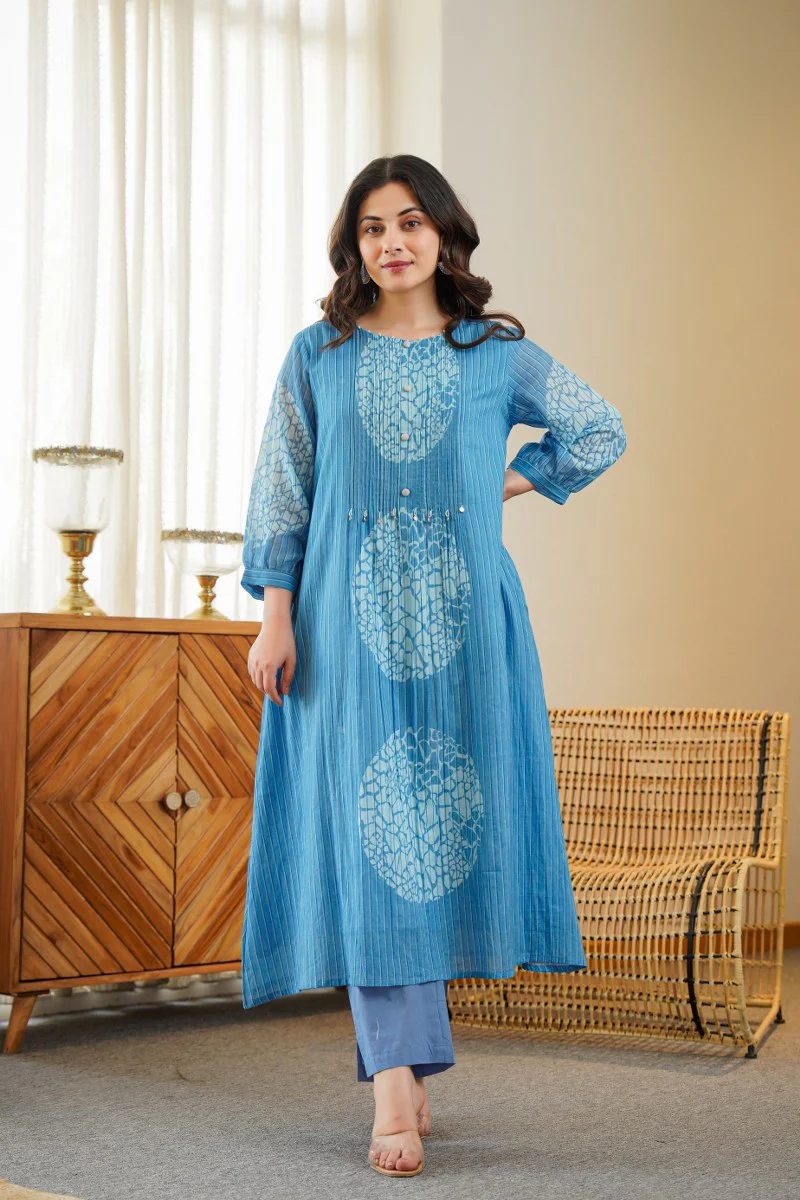 Sudipta Blue Mul Cotton A-line Pant Set - Image 4
