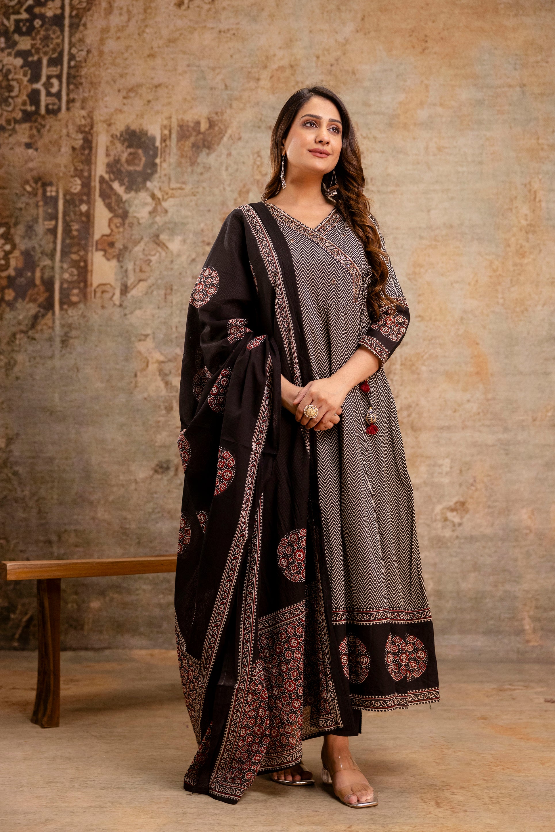 Summerish Cotton Ajrakh HandEmbroidered Anarkali Set - Image 10