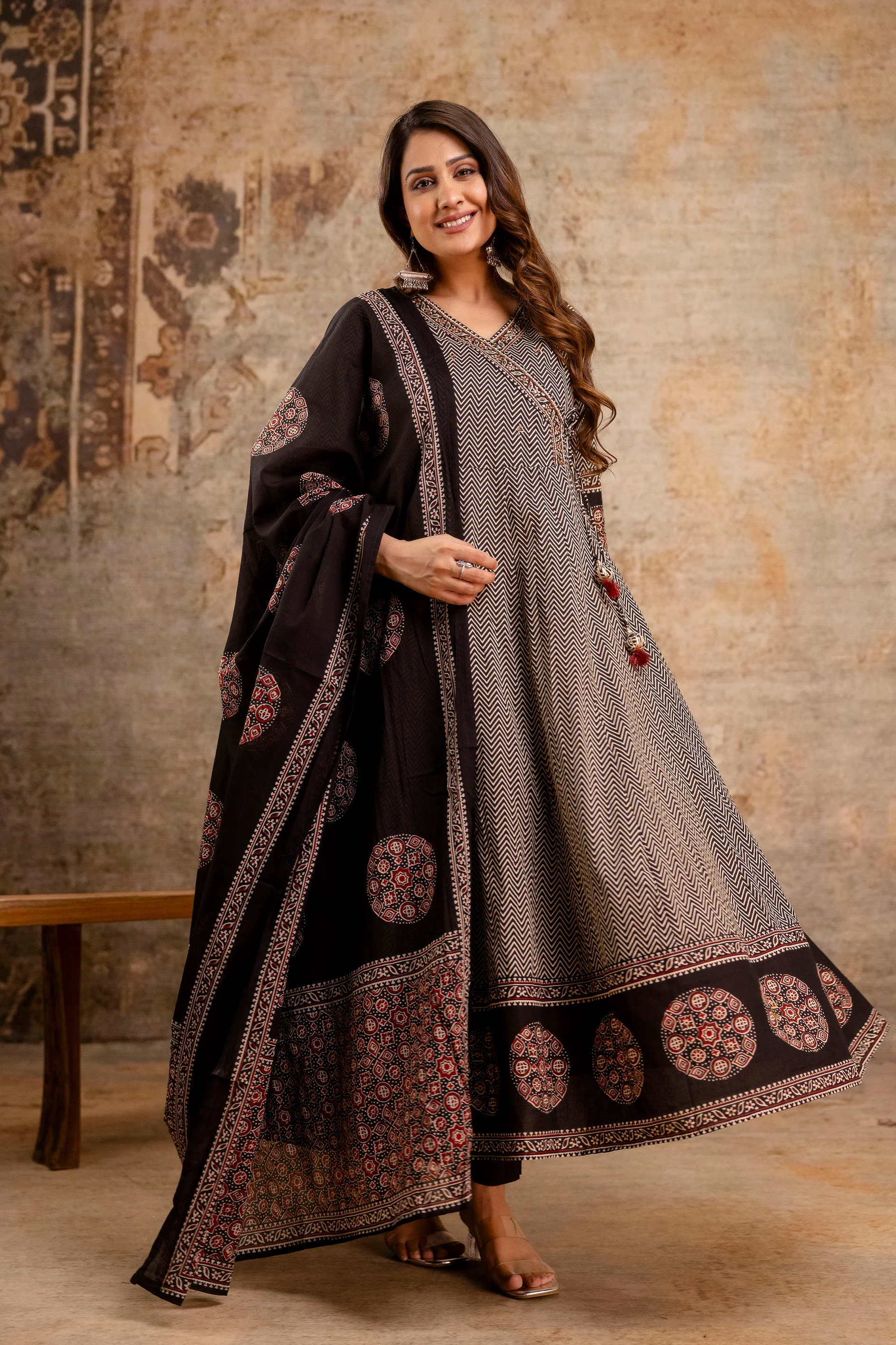 Summerish Cotton Ajrakh HandEmbroidered Anarkali Set - Image 11