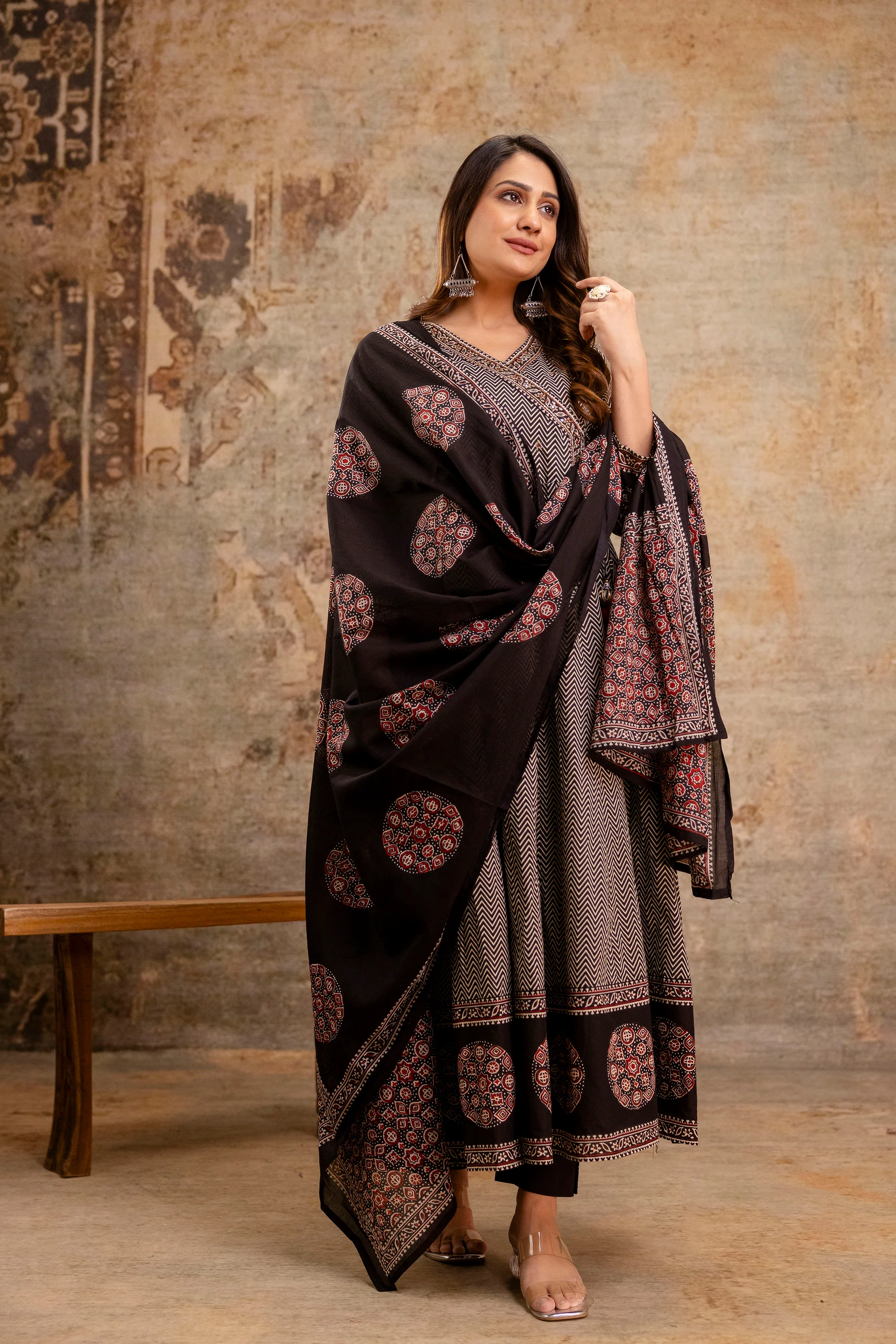 Summerish Cotton Ajrakh HandEmbroidered Anarkali Set - Image 12