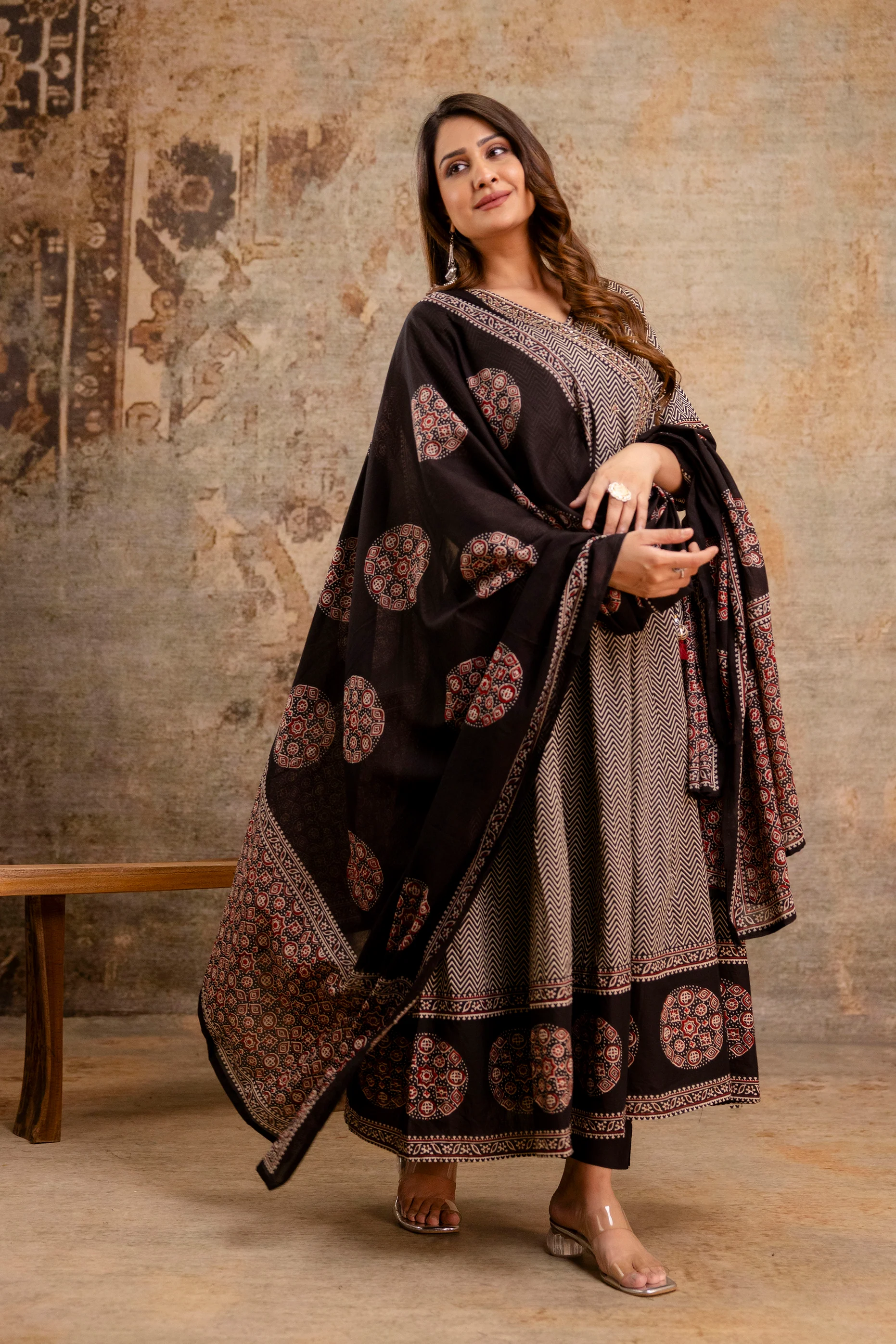 Summerish Cotton Ajrakh HandEmbroidered Anarkali Set - Image 13