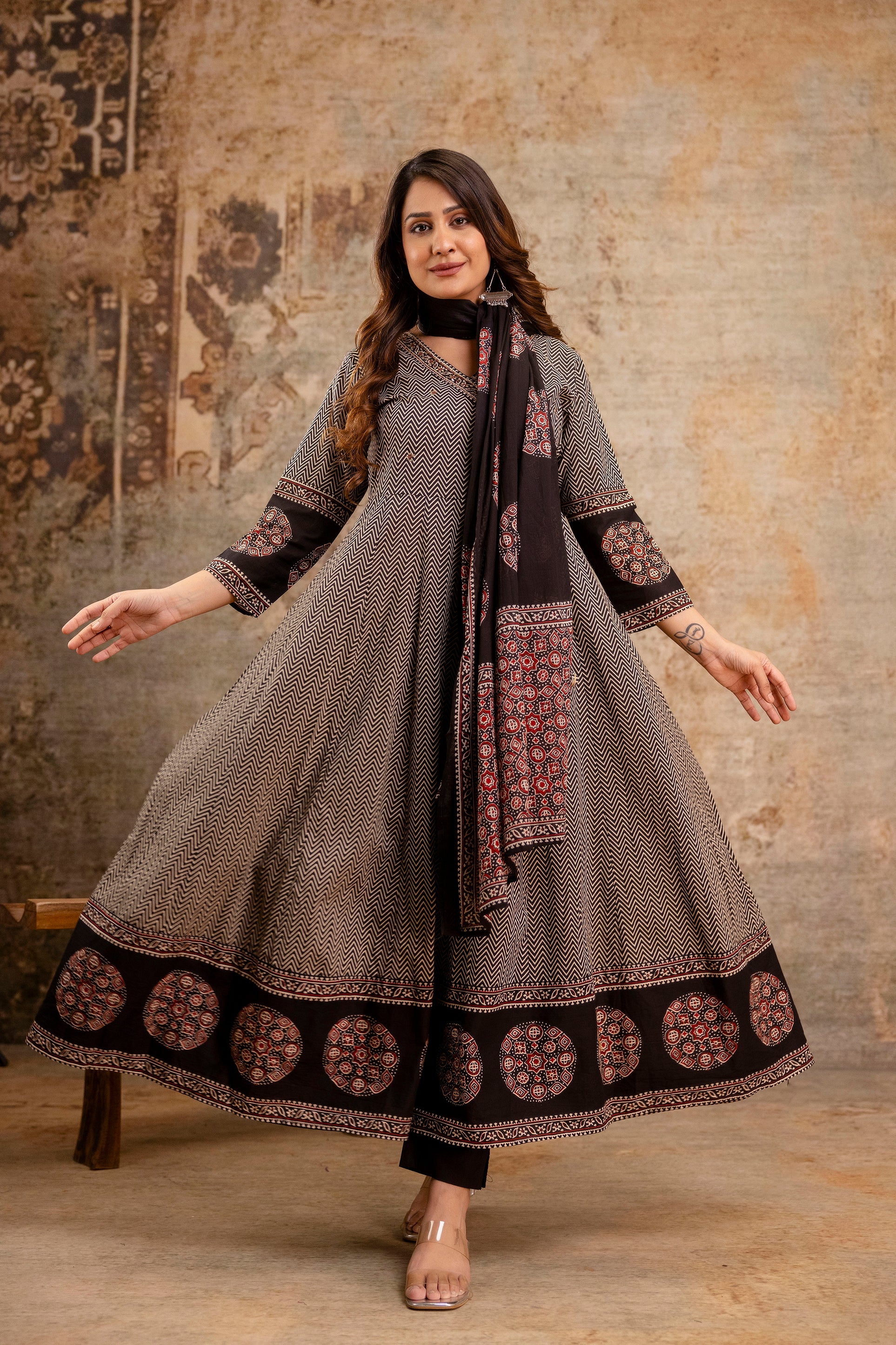 Summerish Cotton Ajrakh HandEmbroidered Anarkali Set - Image 14