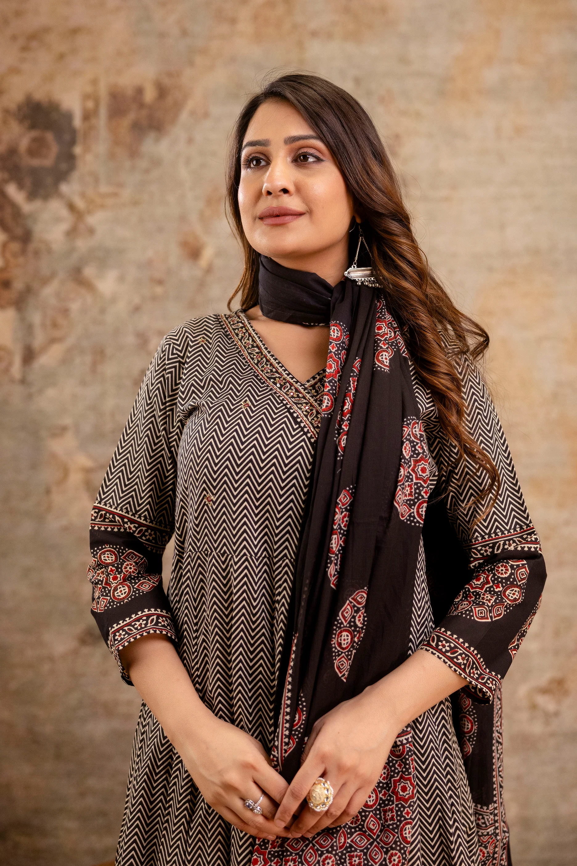 Summerish Cotton Ajrakh HandEmbroidered Anarkali Set - Image 15