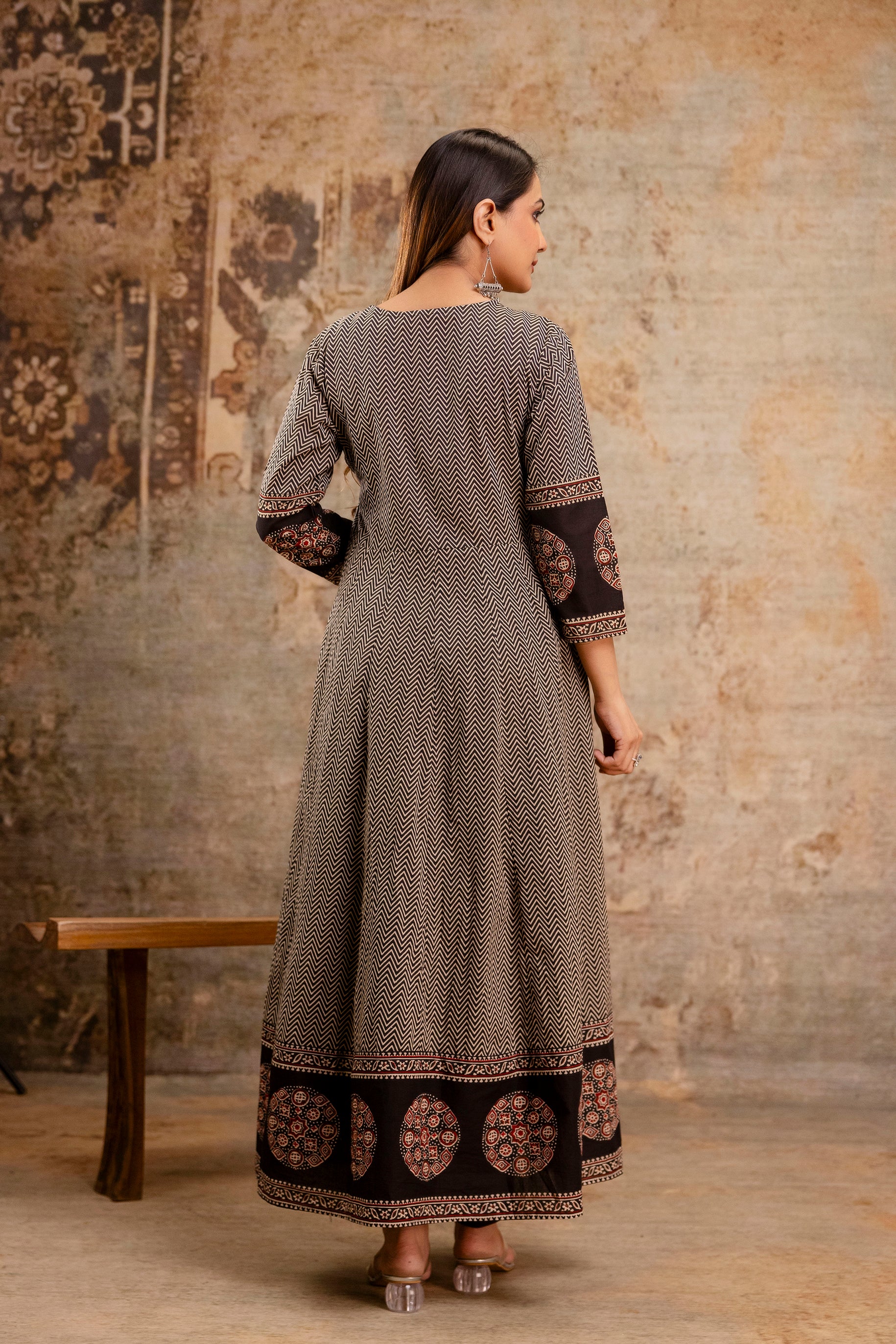 Summerish Cotton Ajrakh HandEmbroidered Anarkali Set - Image 3