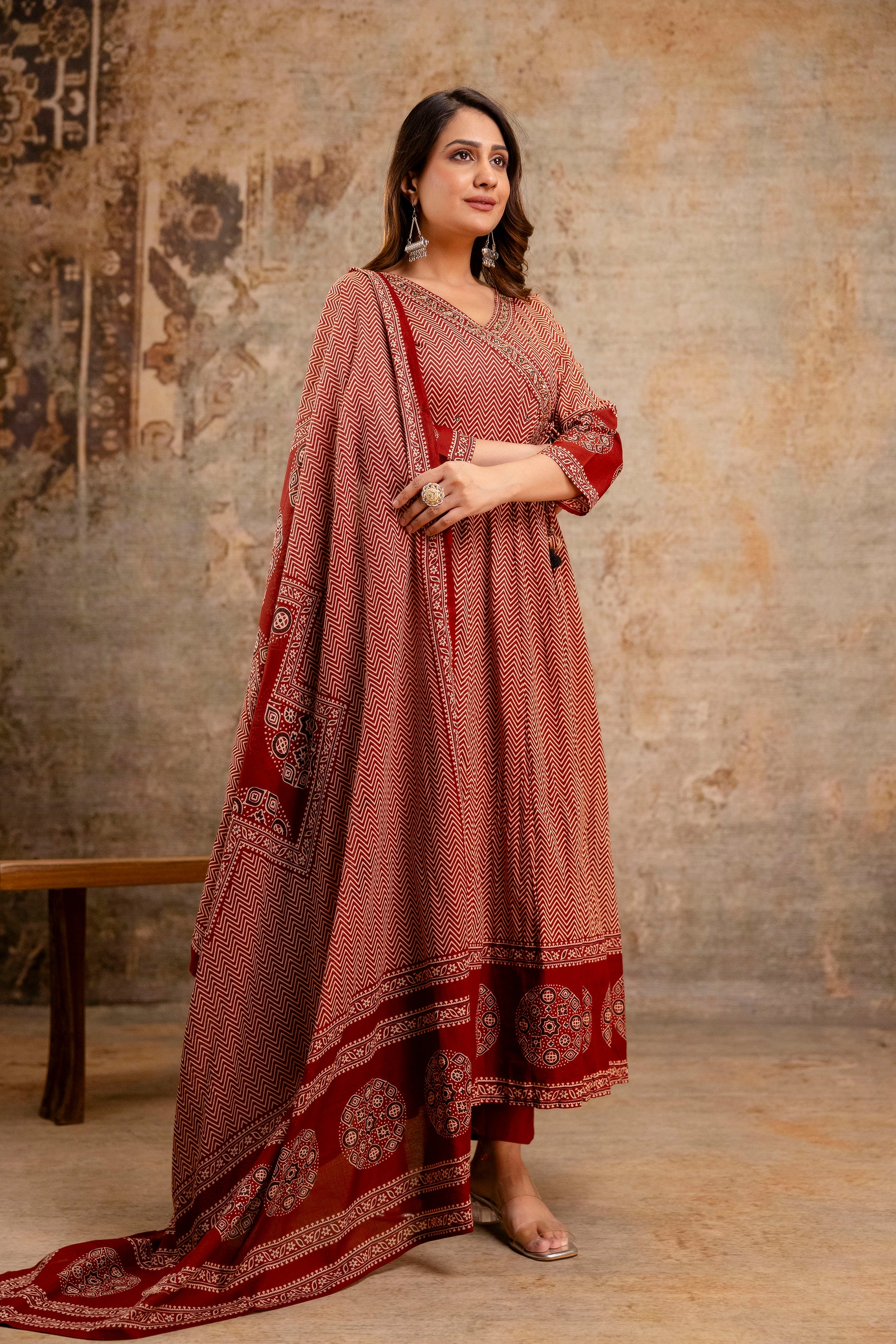 Summerish Cotton Ajrakh HandEmbroidered Anarkali Set - Image 4