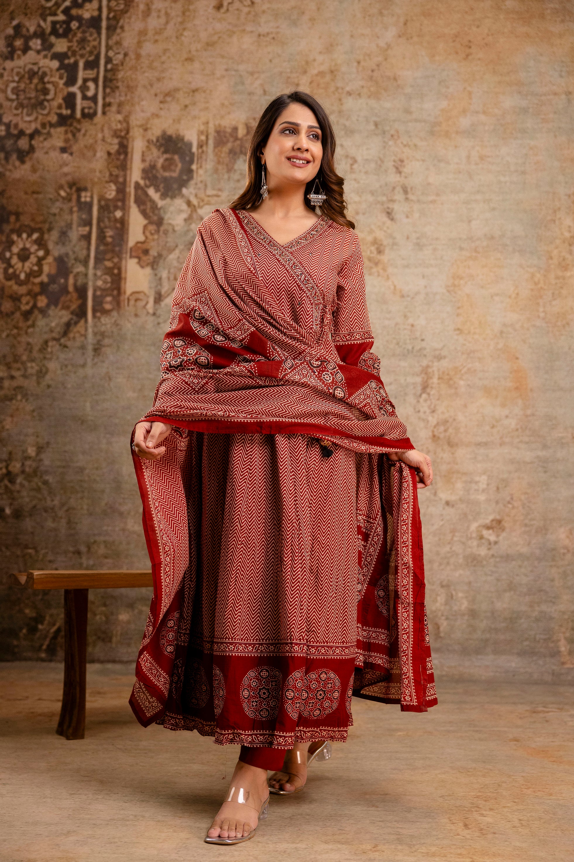 Summerish Cotton Ajrakh HandEmbroidered Anarkali Set - Image 5