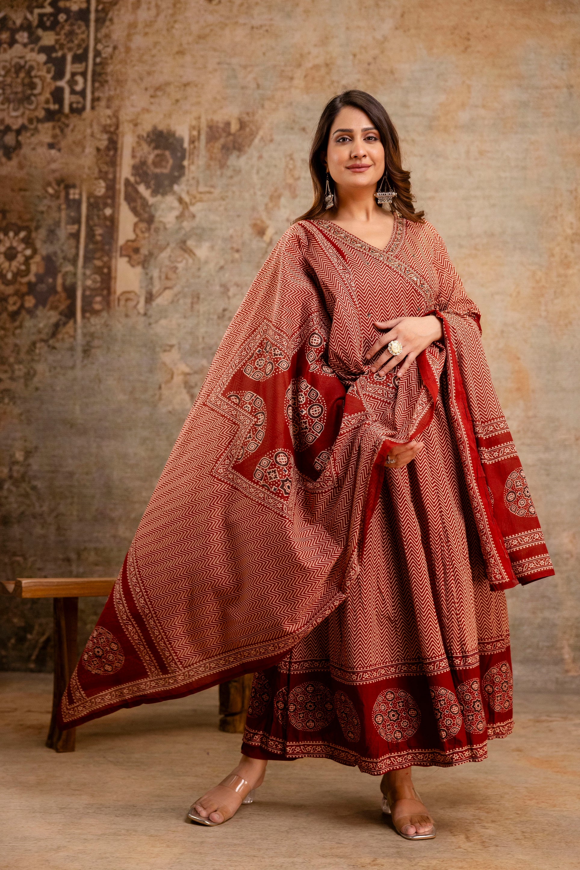 Summerish Cotton Ajrakh HandEmbroidered Anarkali Set - Image 6