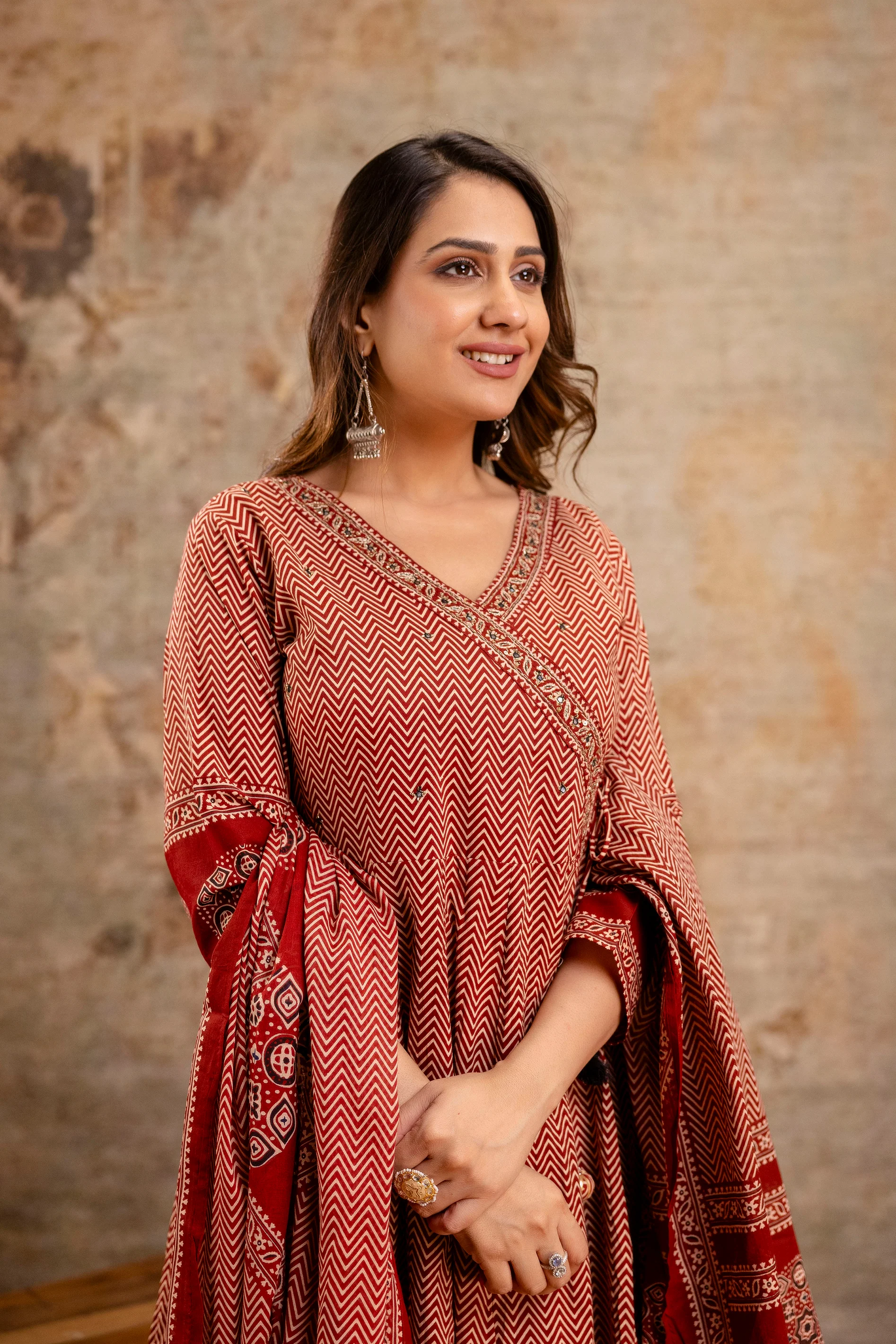 Summerish Cotton Ajrakh HandEmbroidered Anarkali Set - Image 7