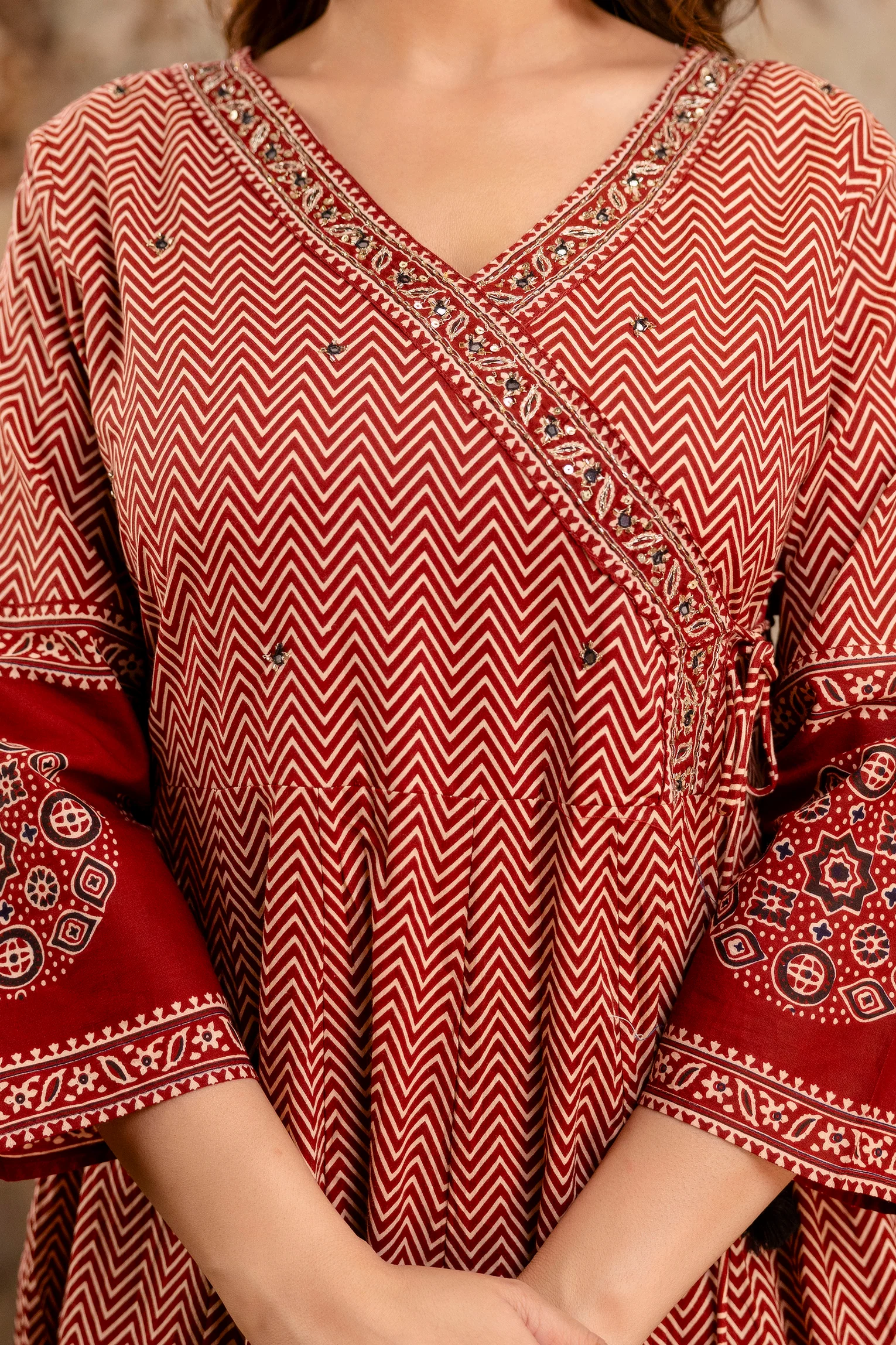 Summerish Cotton Ajrakh HandEmbroidered Anarkali Set - Image 8