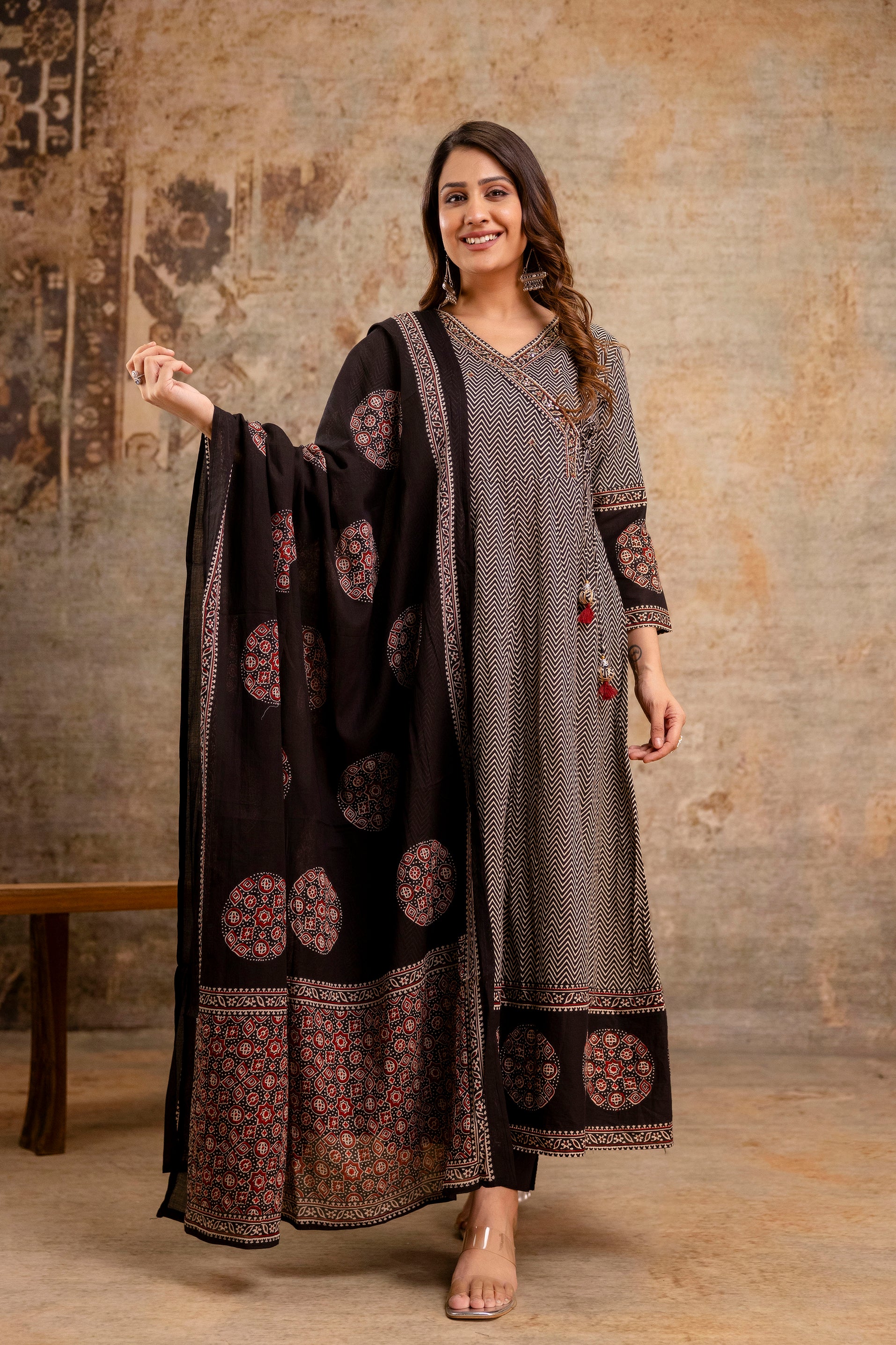 Summerish Cotton Ajrakh HandEmbroidered Anarkali Set - Image 9