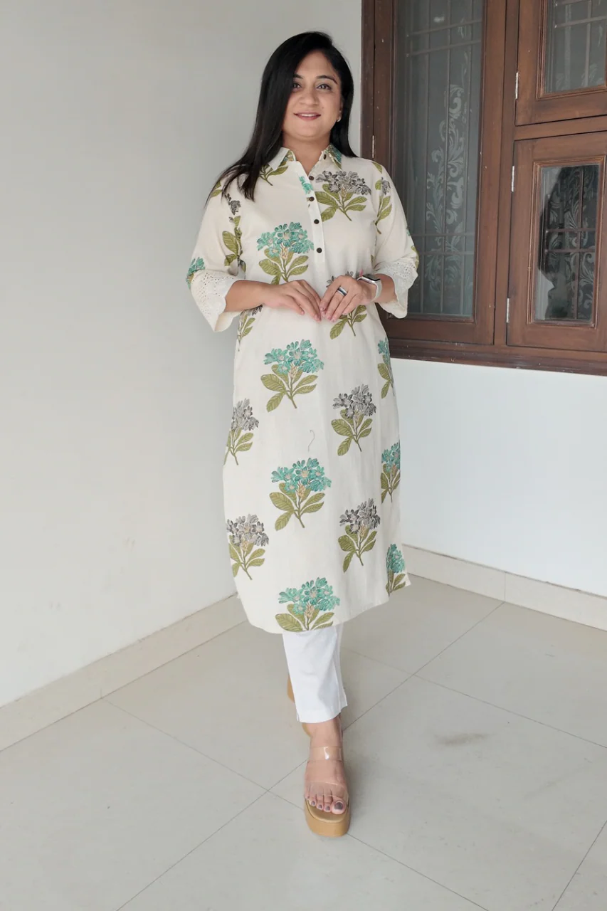 Summerish Floral Collared Cotton Casual kurta with pocket - Image 5