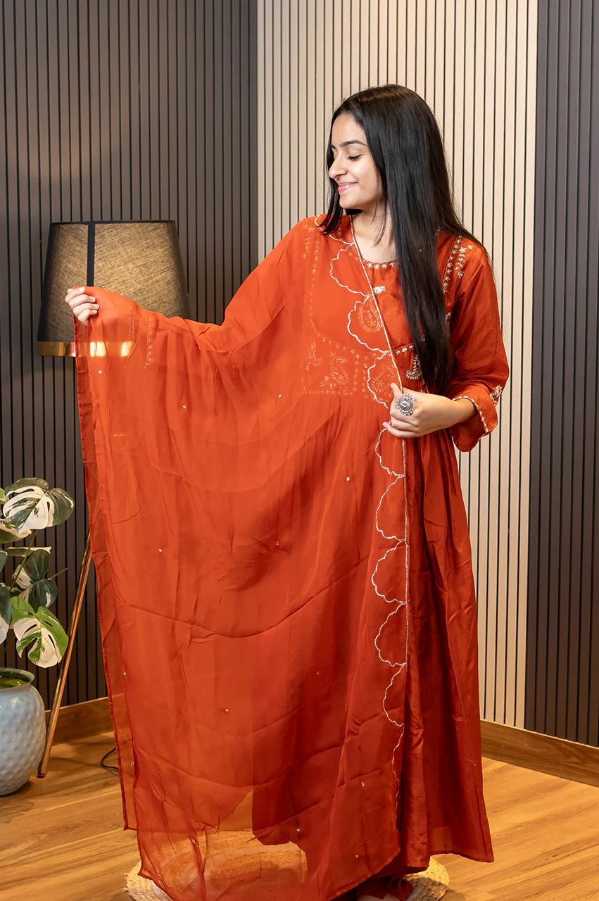 Taara Rust Silk Zari Embroidered Anarkali Set - Image 3