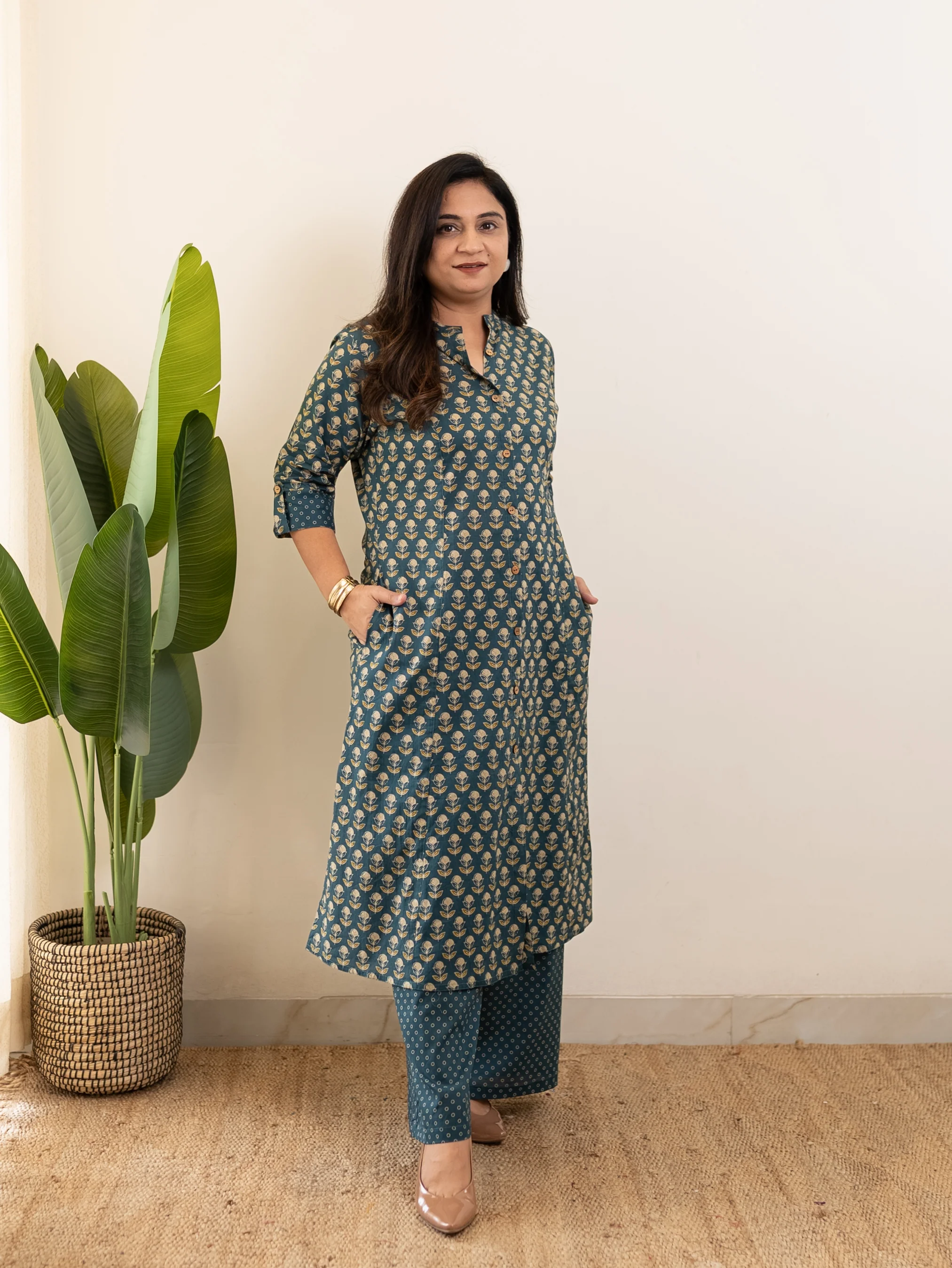 Saba Teal Blue Handblock A-line Cotton Coord Set - Image 11