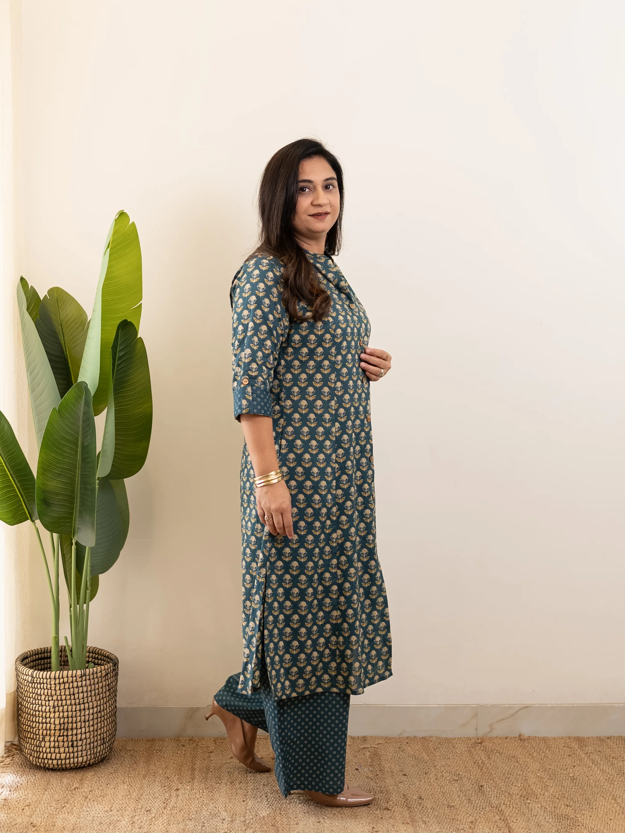 Saba Teal Blue Handblock A-line Cotton Coord Set - Image 3