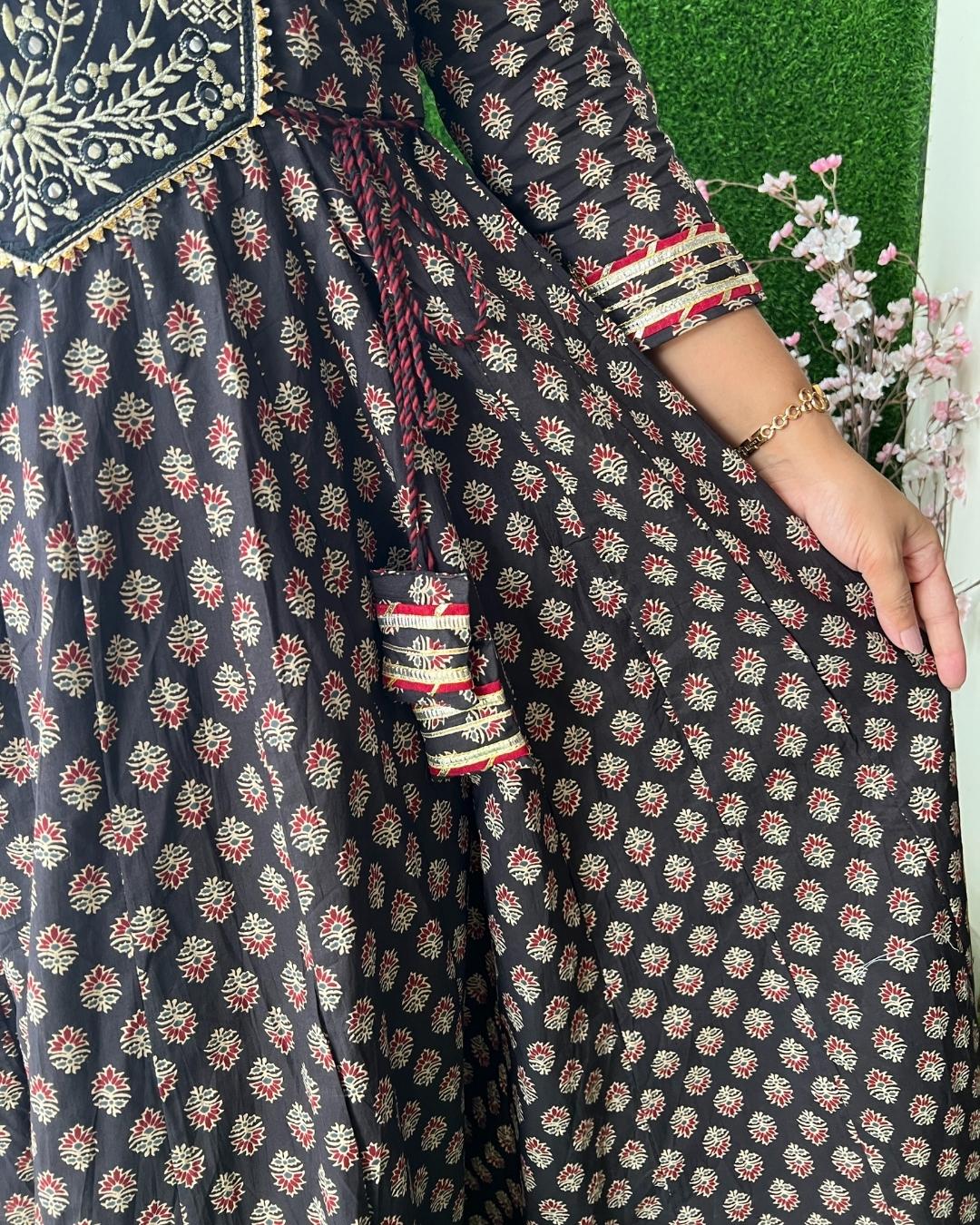 Tradional Ajrakh Cotton Long Dress Black - Image 3