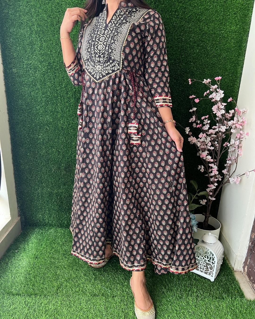 Traditional Ajrakh Cotton Long Dress Blue - Image 2