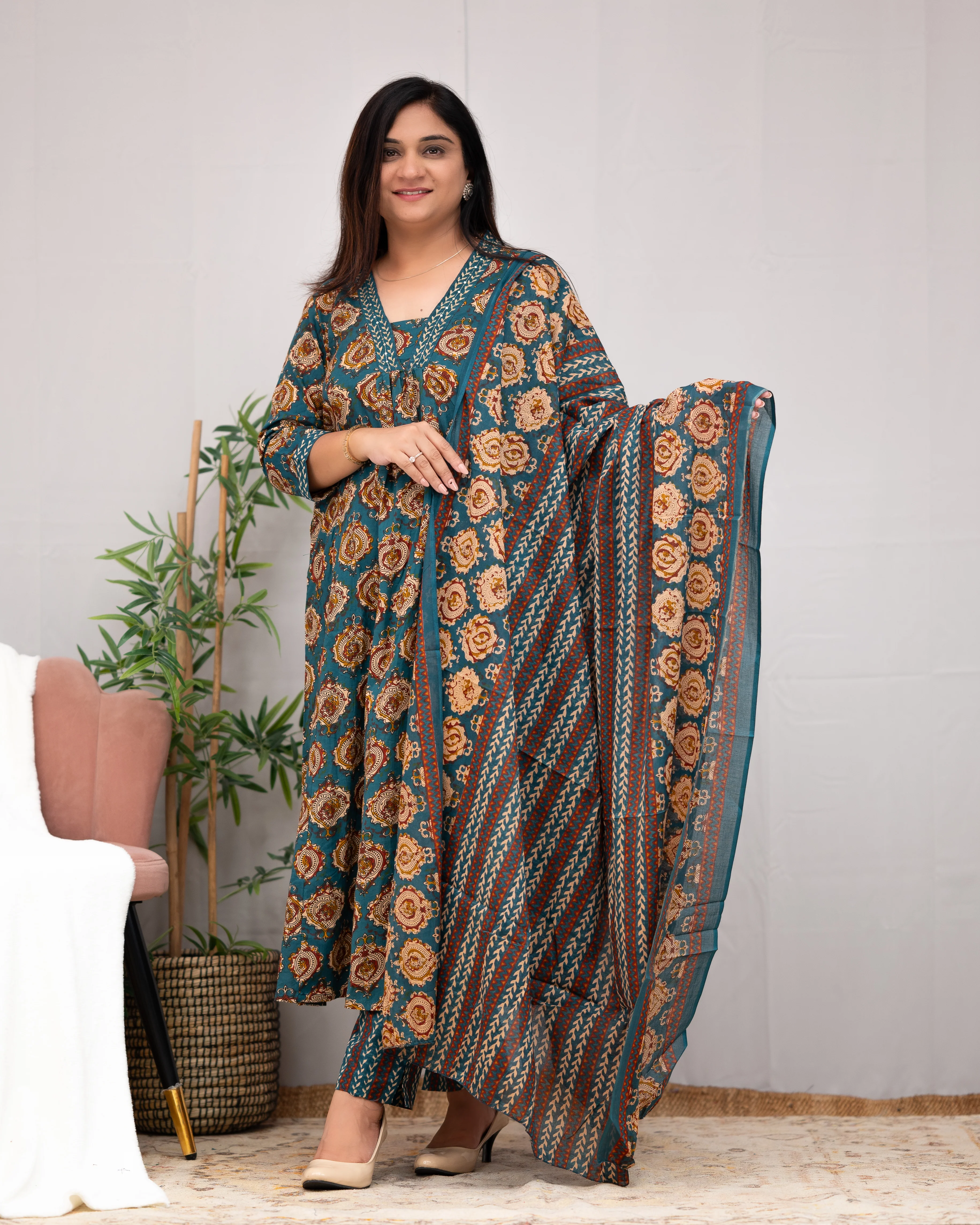Vanilla Ajrakh A-line pant Set with Pockets - Image 4