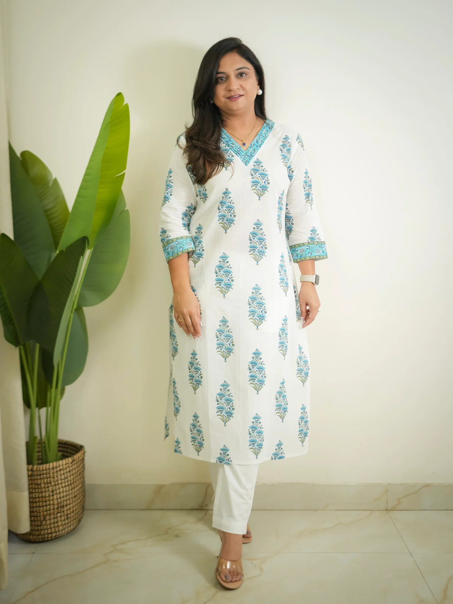 White Blue Handblock Cotton Casual Straight Kurta - Image 4