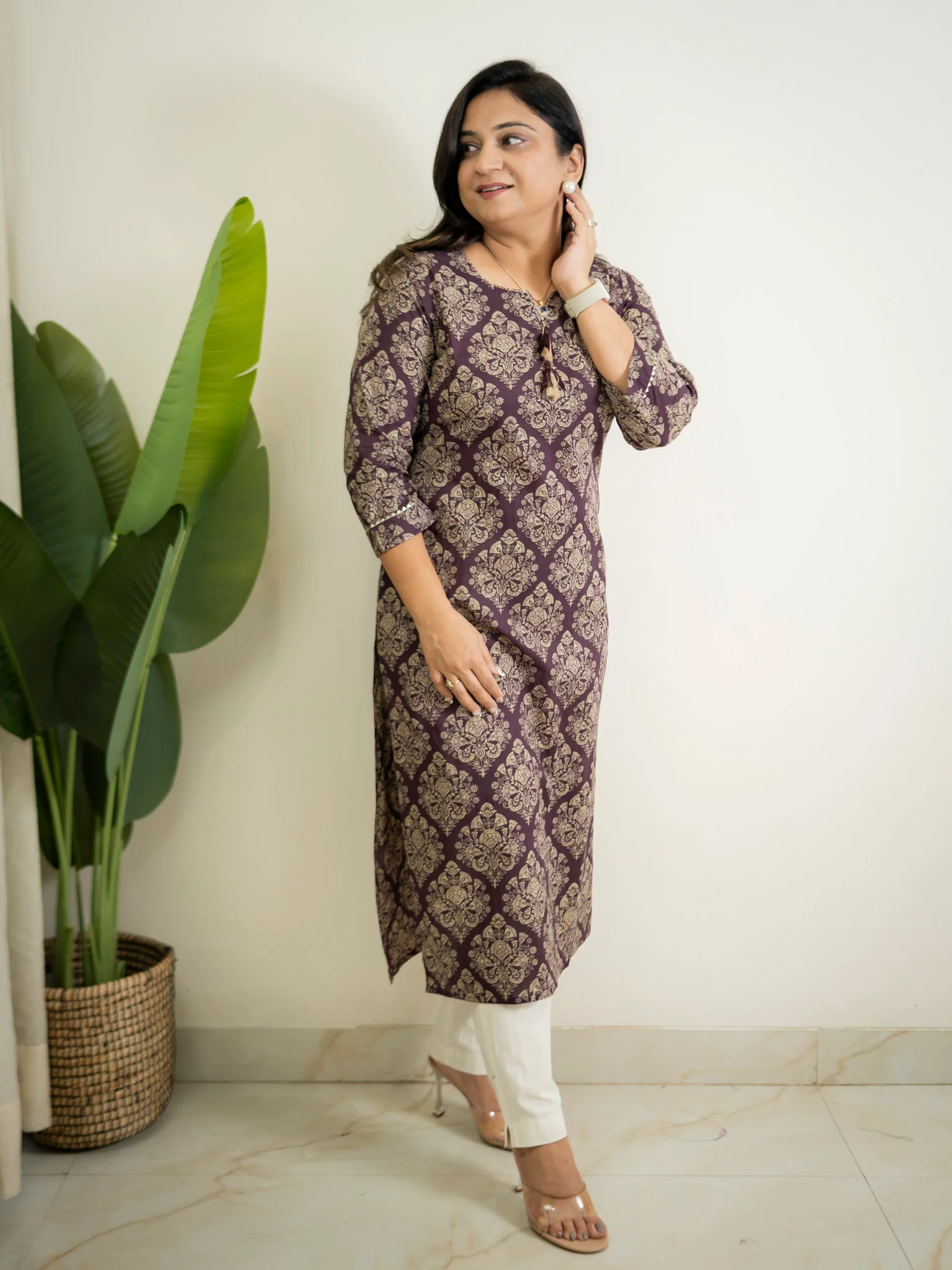Wine Handblock Cotton Casual Straight Kurta - Image 2