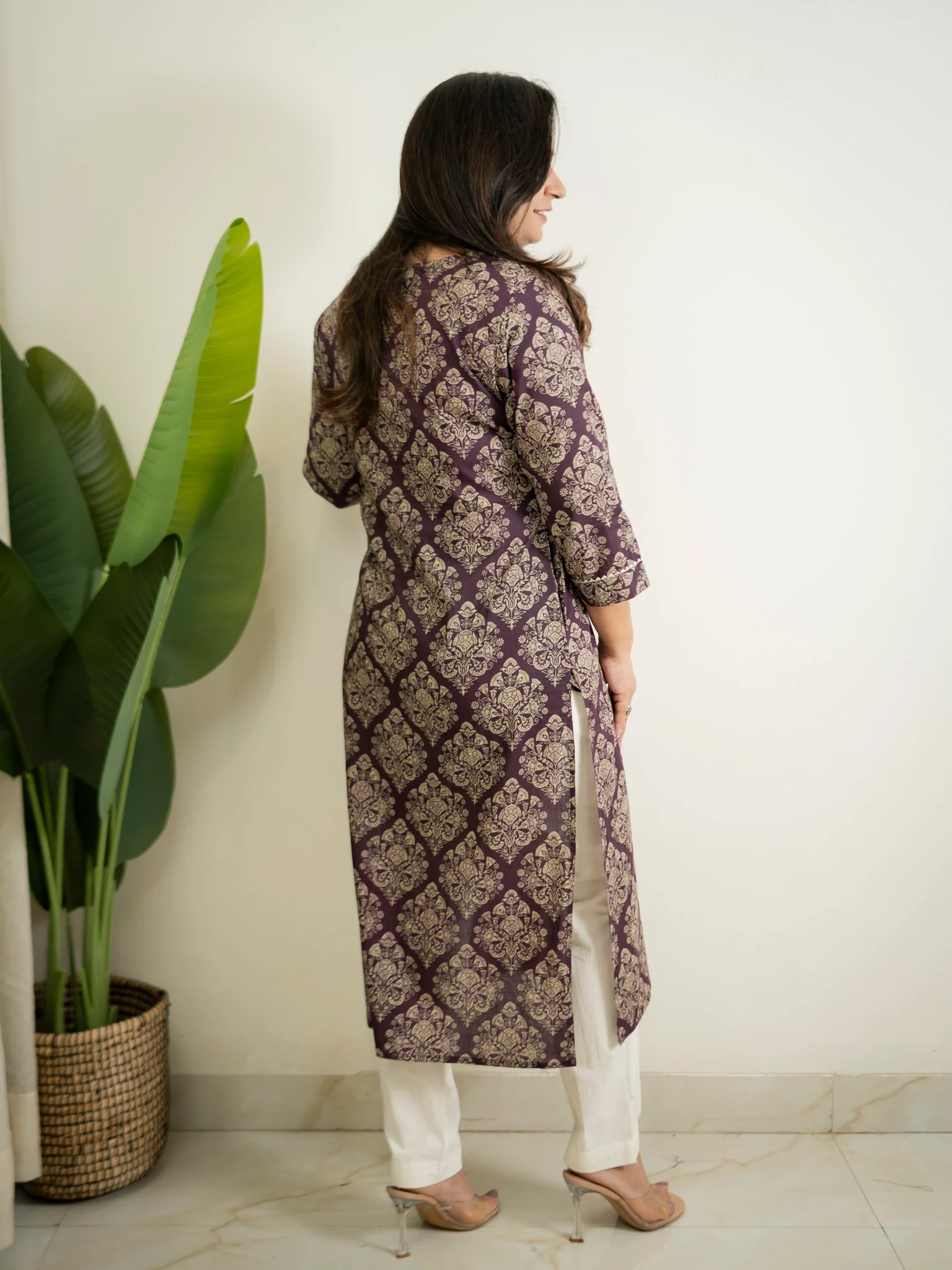 Wine Handblock Cotton Casual Straight Kurta - Image 4