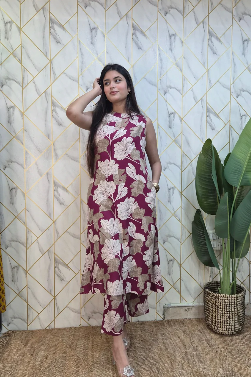 Wine Rayon Floral Print A-line Coord Set - Image 3