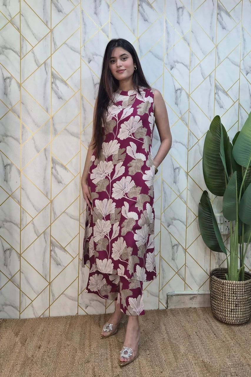 Wine Rayon Floral Print A-line Coord Set - Image 4