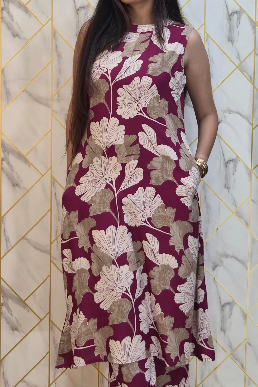 Wine Rayon Floral Print A-line Coord Set - Image 6