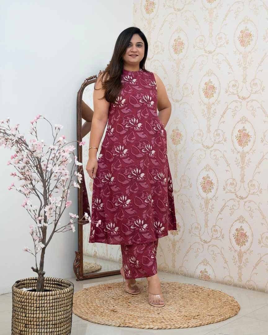 Wine Rayon Printed Casual A-line Coord Set - Image 3