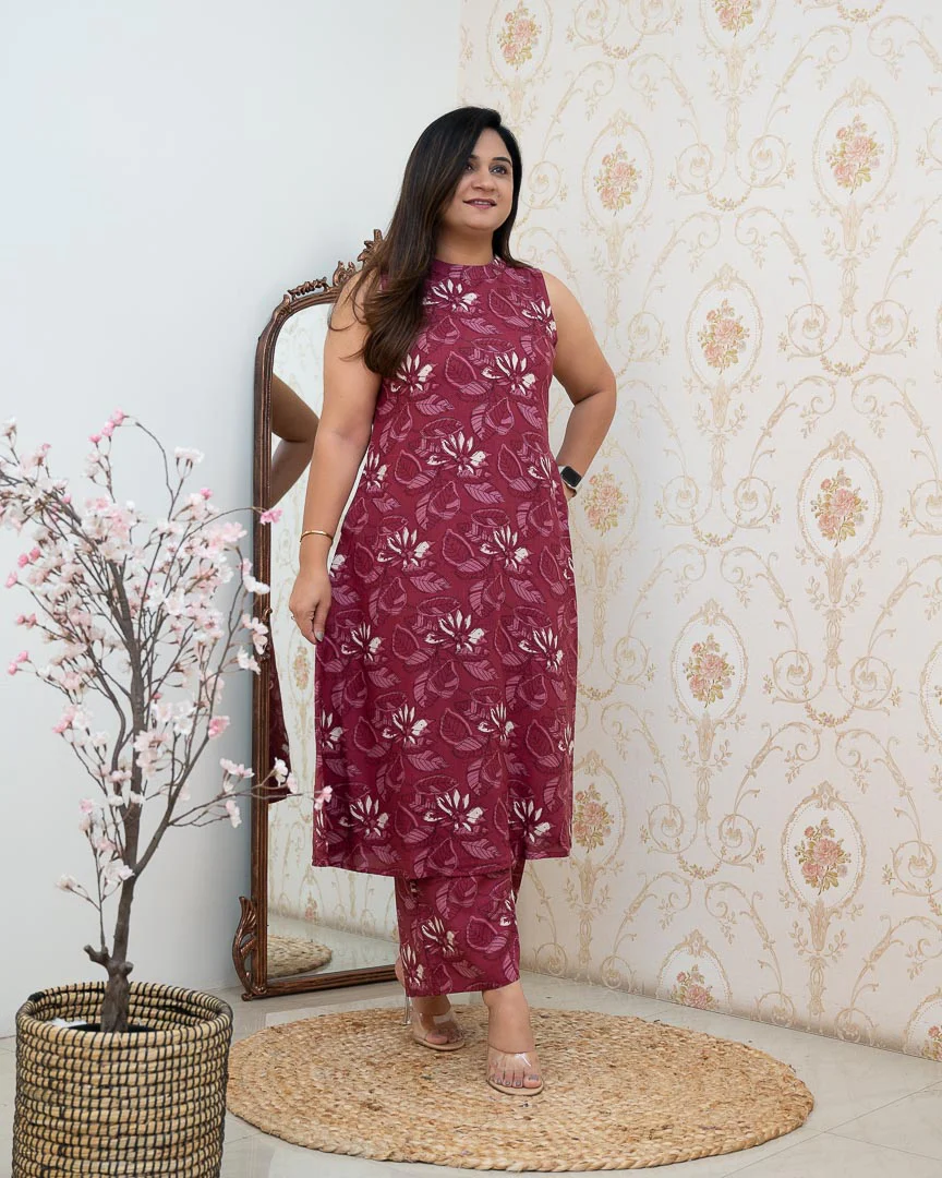 Wine Rayon Printed Casual A-line Coord Set - Image 4